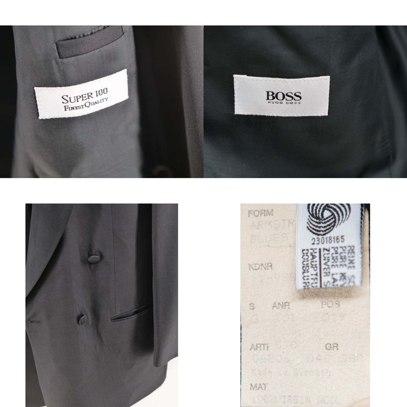 HUGO BOSS Super 100 Wool Satin Trim Jacket TUXEDO Suit 42R Mens Double-Breasted Notch Lapel Regular Slim Inner Pockets Dry Clean Only Black