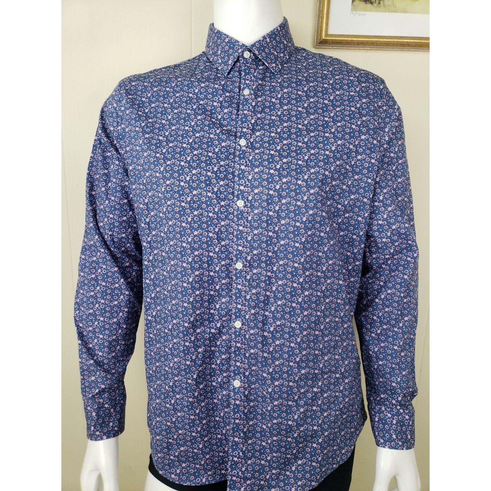 Egara Egara Slim Fit Dress Shirt Mens 17 34/35 Pink Indigo Floral Size US L / EU 52-54 / 3 - 3 Thumbnail