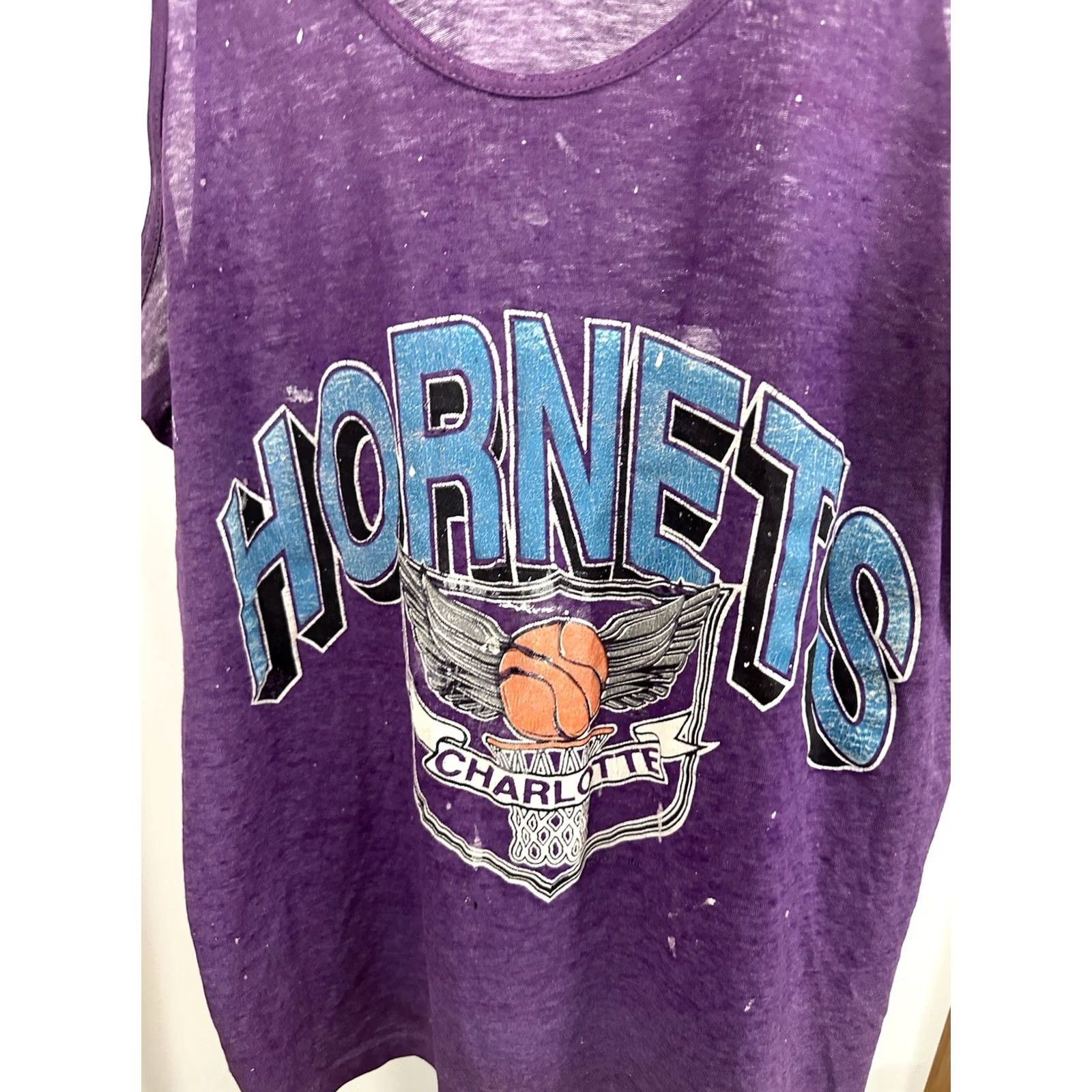 Vintage VTG 80s Charlotte Hornets Super Paper Thin Worn Burnout Purple Tank Top Shirt L Mens Purple Burnout Distressed NBA Hornets 80s VTG Rare Size US L / EU 52-54 / 3 - 3 Thumbnail