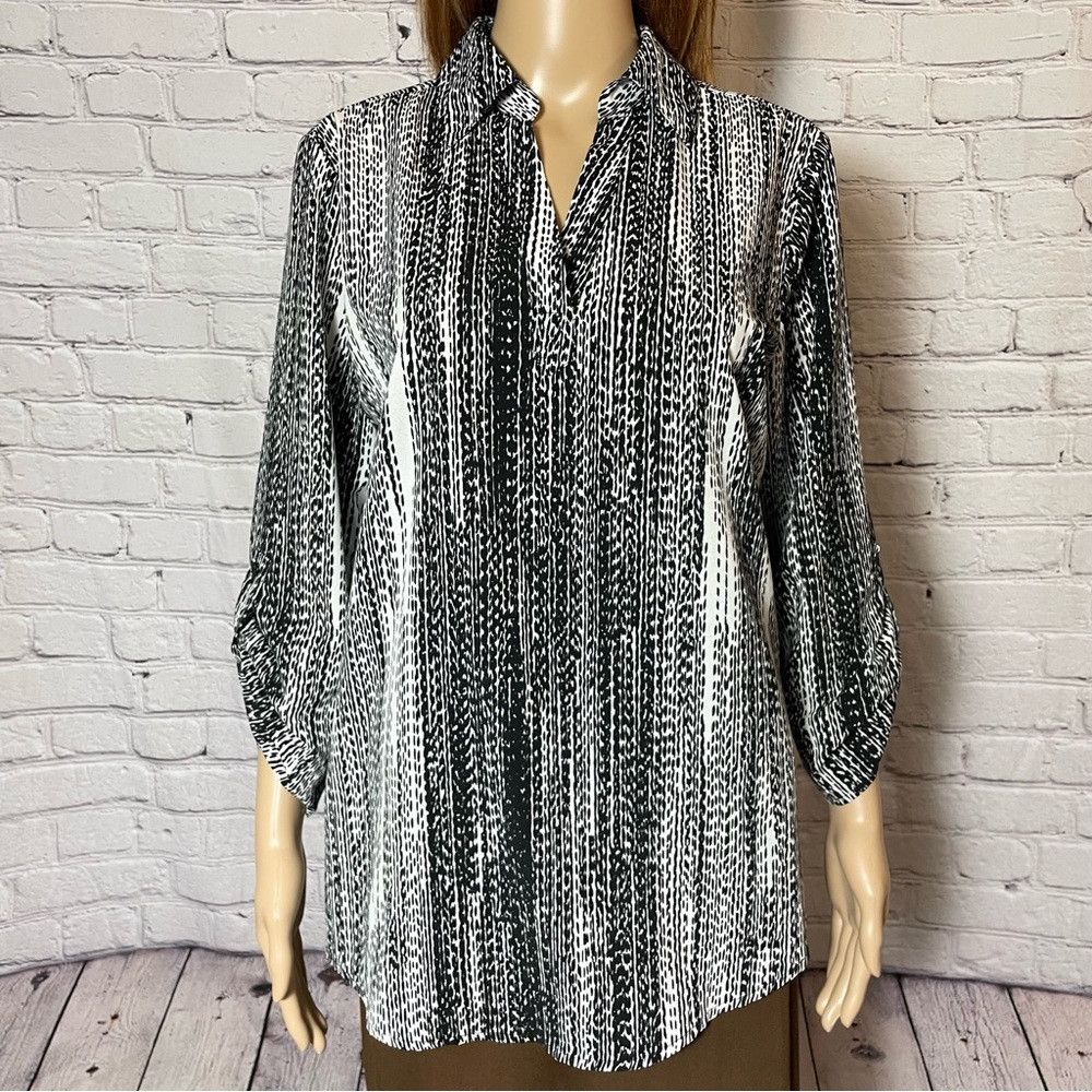 Chicos Chico's Black White V-Neck 3/4 Sleeve Blouse Size 1 US M Size M / US 6-8 / IT 42-44 - 9 Thumbnail