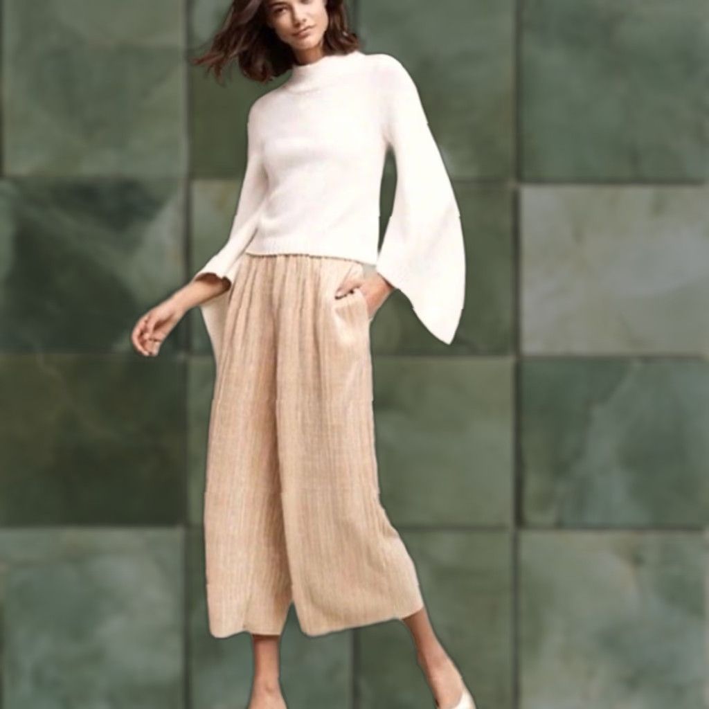 Anthropologie Elevenses Elastic Waist Pull On Metallic Crop Pants Beige M Women Wide-Leg Cropped Pleated Summer Casual Womens