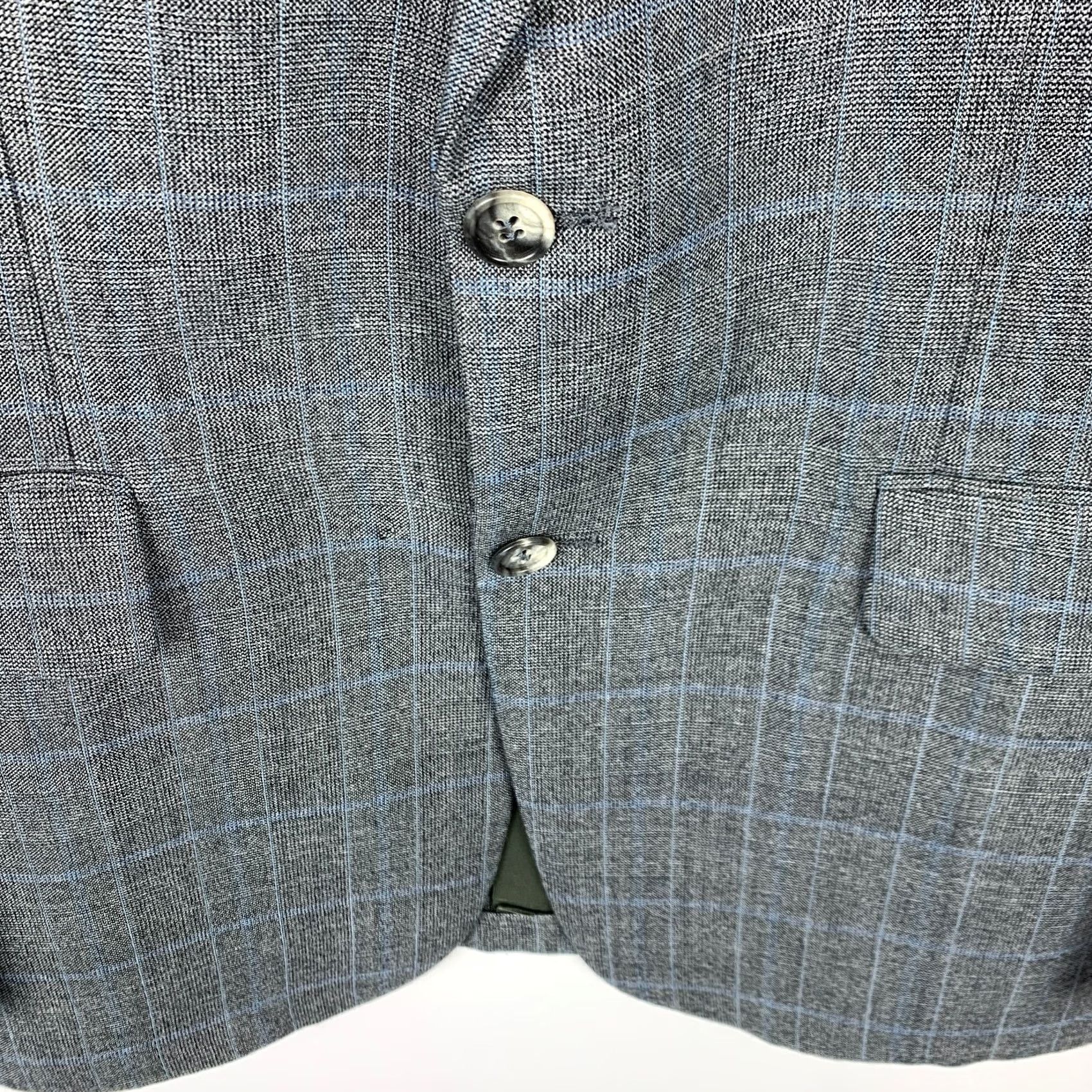 George VINTAGE Allyn St George Plaid Bespoke Blue Gray 3 Three Piece Suit 40 x 34.5 Mens Pants Jacket Vest Chest 20" Waist 19" Inseam 34.5" Gray 1980s Size 40R - 3 Thumbnail