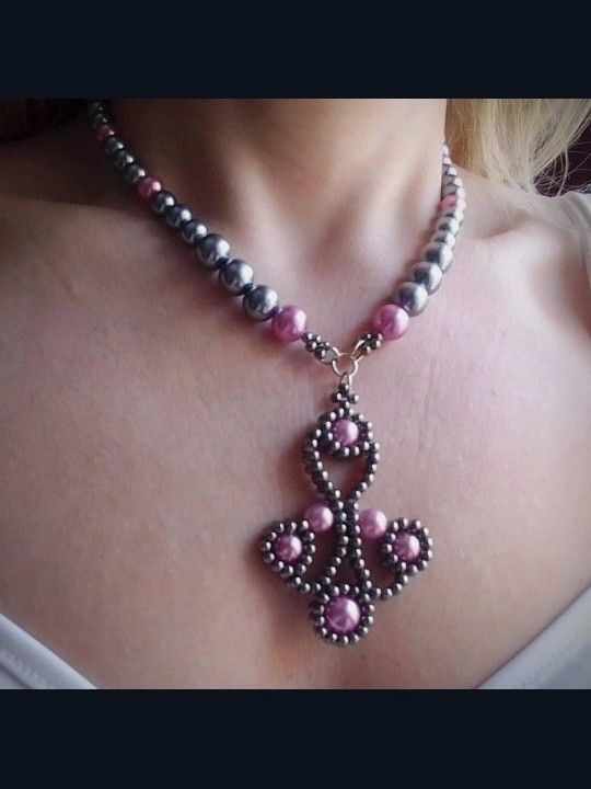 Handmade Necklace Gray Pink Pearls Antique Middle Age Style Pendant Size ONE SIZE - 2 Thumbnail