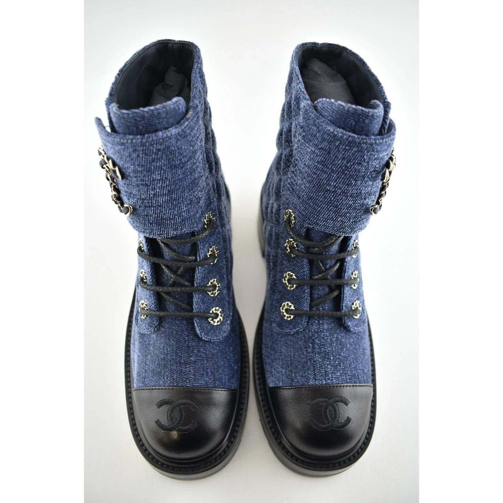 Chanel 21A Blue Black Quilted CC Chain Combat Lace Up