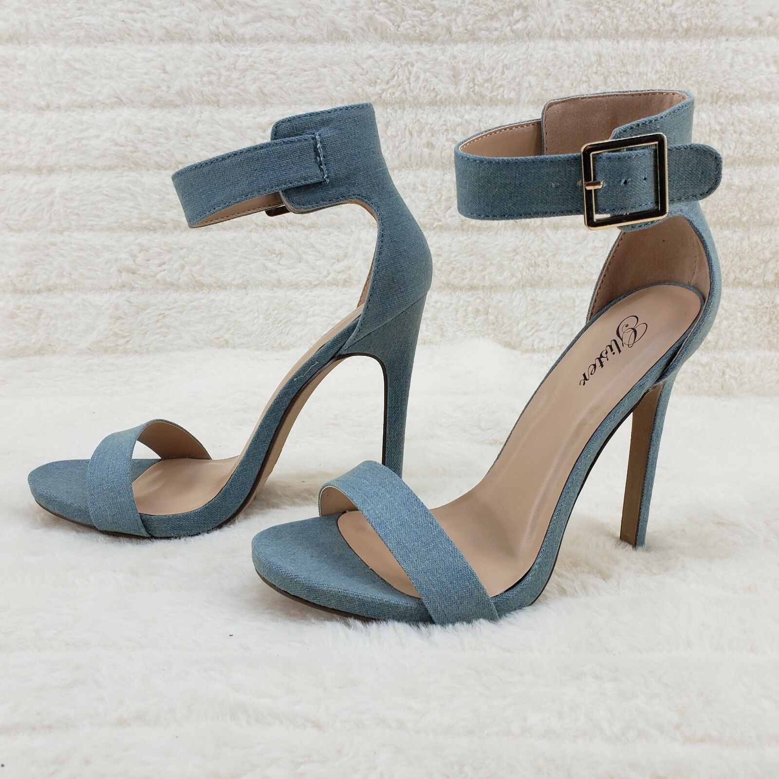 Other Sexy Light Blue Denim Ankle Strap 4.5" High Heel Shoes Heels Size US 7.5 / IT 37.5 - 5 Thumbnail