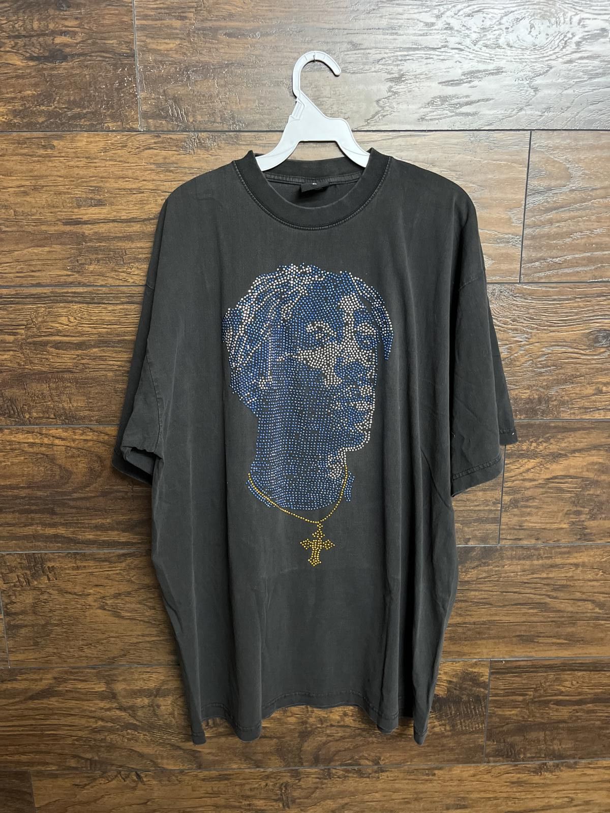 Tupac Rhinestone T-shirt - Cross Blue/Silver/Gold Tee - XL