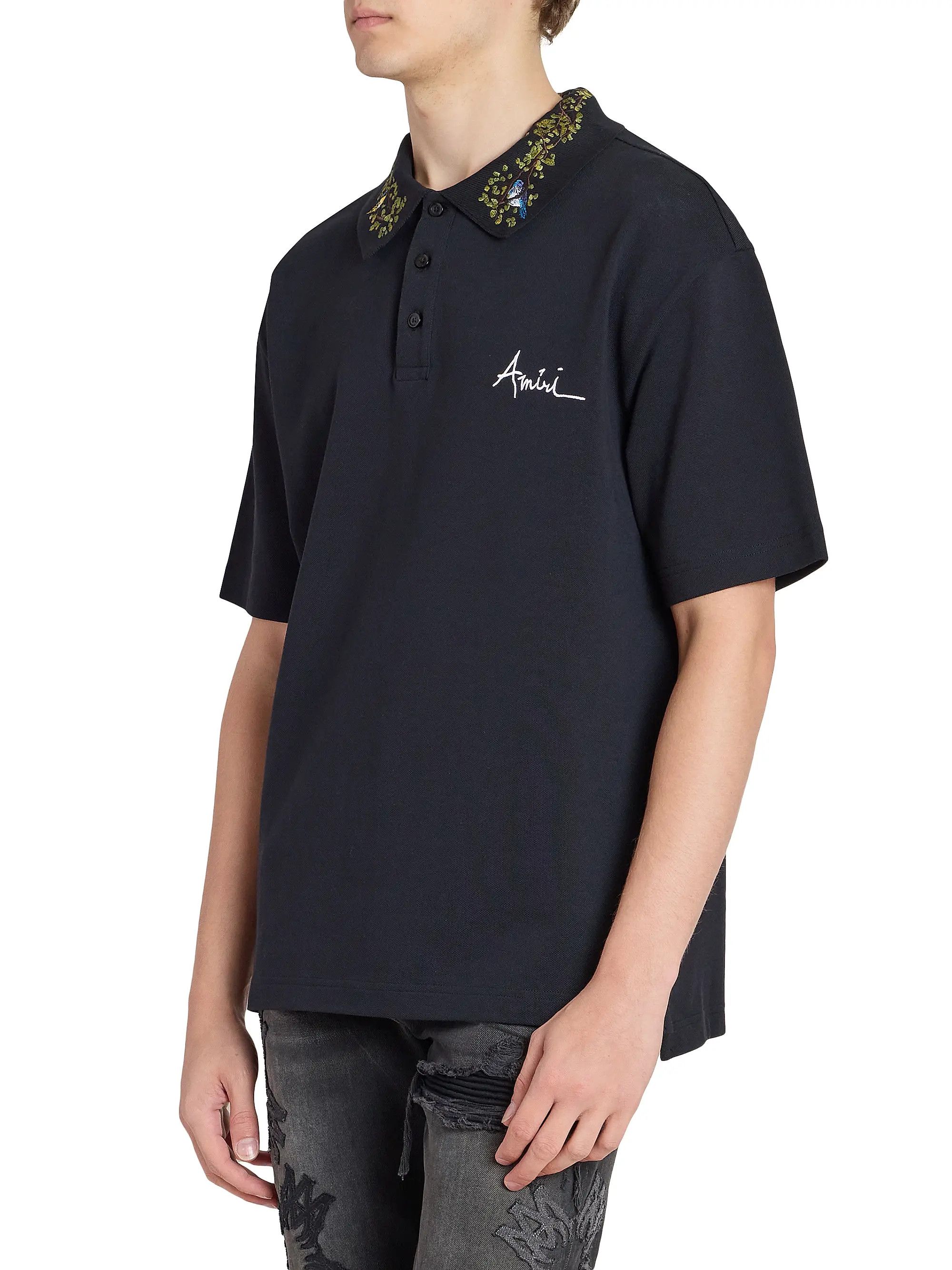 Amiri os11x0526 Embroidered Floral Collar Polo Shirt in Black Size US S / EU 44-46 / 1 - 4 Thumbnail