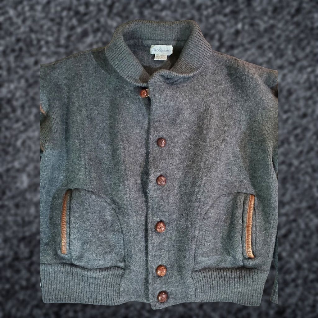 Vintage VINTAGE Jacobson's Cardigan Sweater 100% Wool Women's Small Gray Leather Buttons V-Neck Long Sleeve Knit 80s 90s Womens Size S / US 4 / IT 40 - 1 Thumbnail