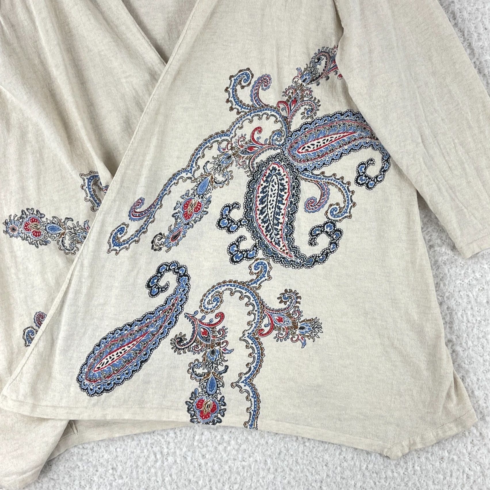 J. Jill J. Jill Cardigan Sweater Womens Large Ivory Paisley Print 3/4 Sleeve Cotton Knit Size L / US 10 / IT 46 - 4 Thumbnail