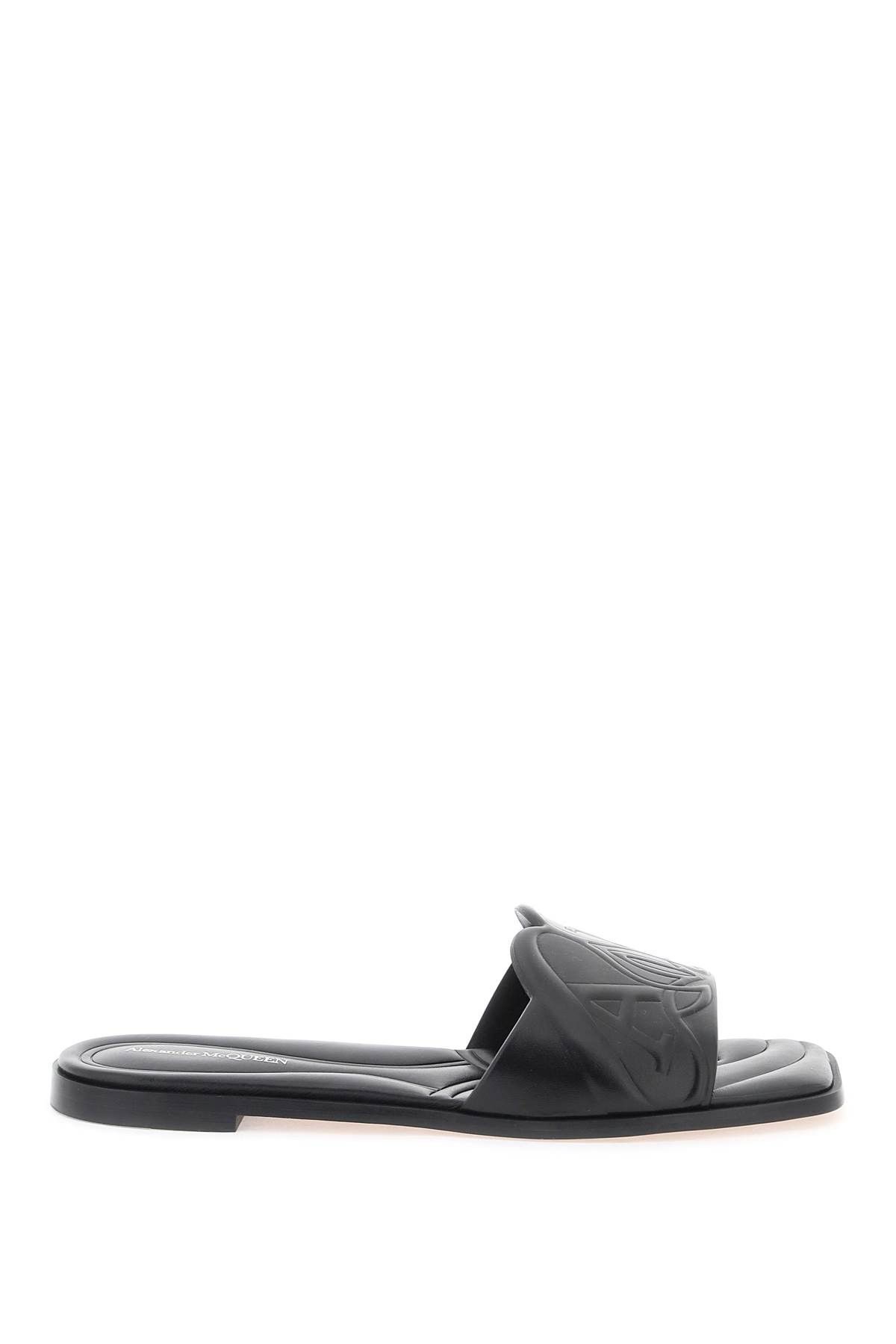 image of Alexander Mcqueen Leather Slides With Embossed Seal Logo in Black, Women's (Size 8)