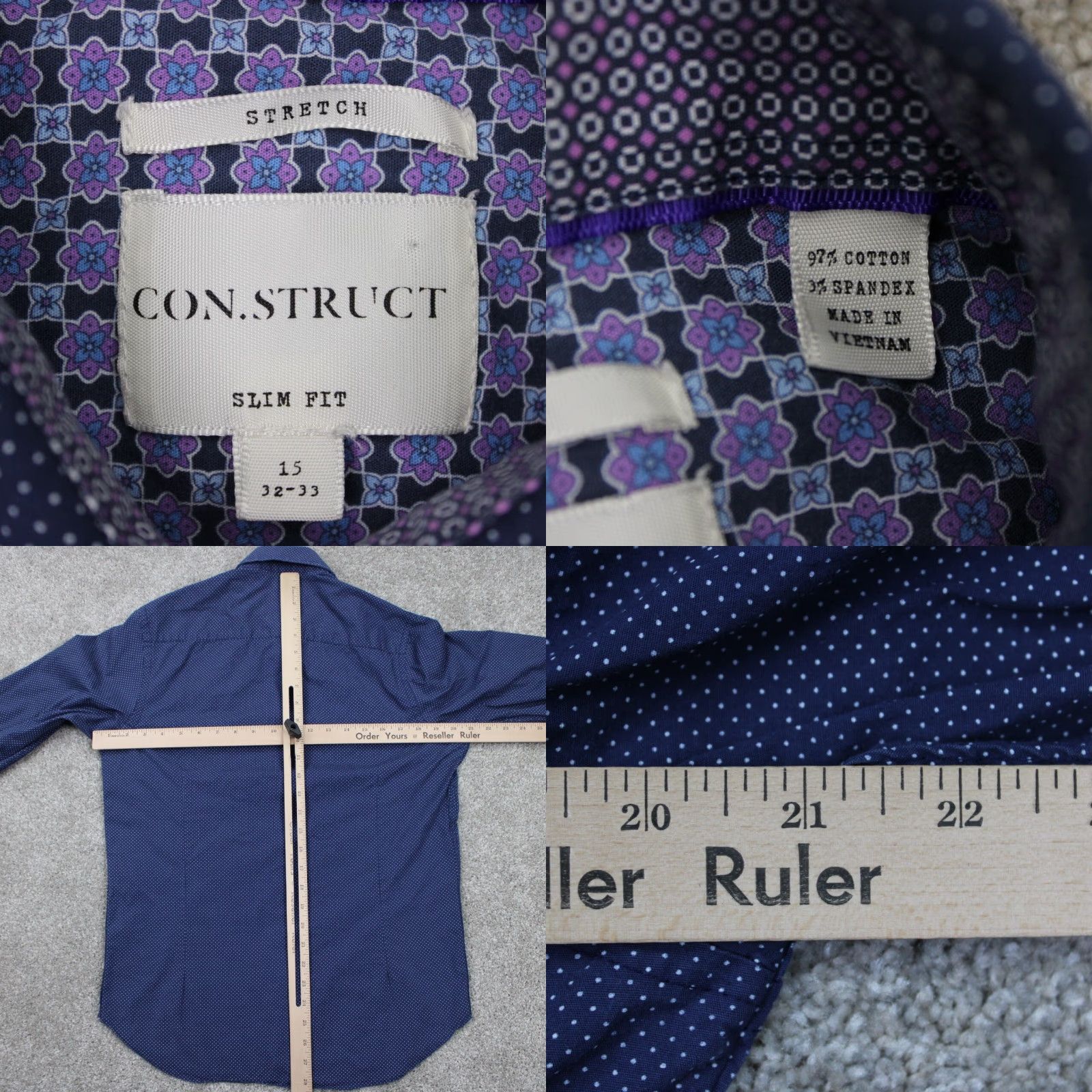 Vintage Construct Dress Shirt Mens 15 32/33 Blue/Purple Slim Fit L/S Geometric Non-Iron Quick Dry Stretch Cadence? Size 40R - 8 Thumbnail