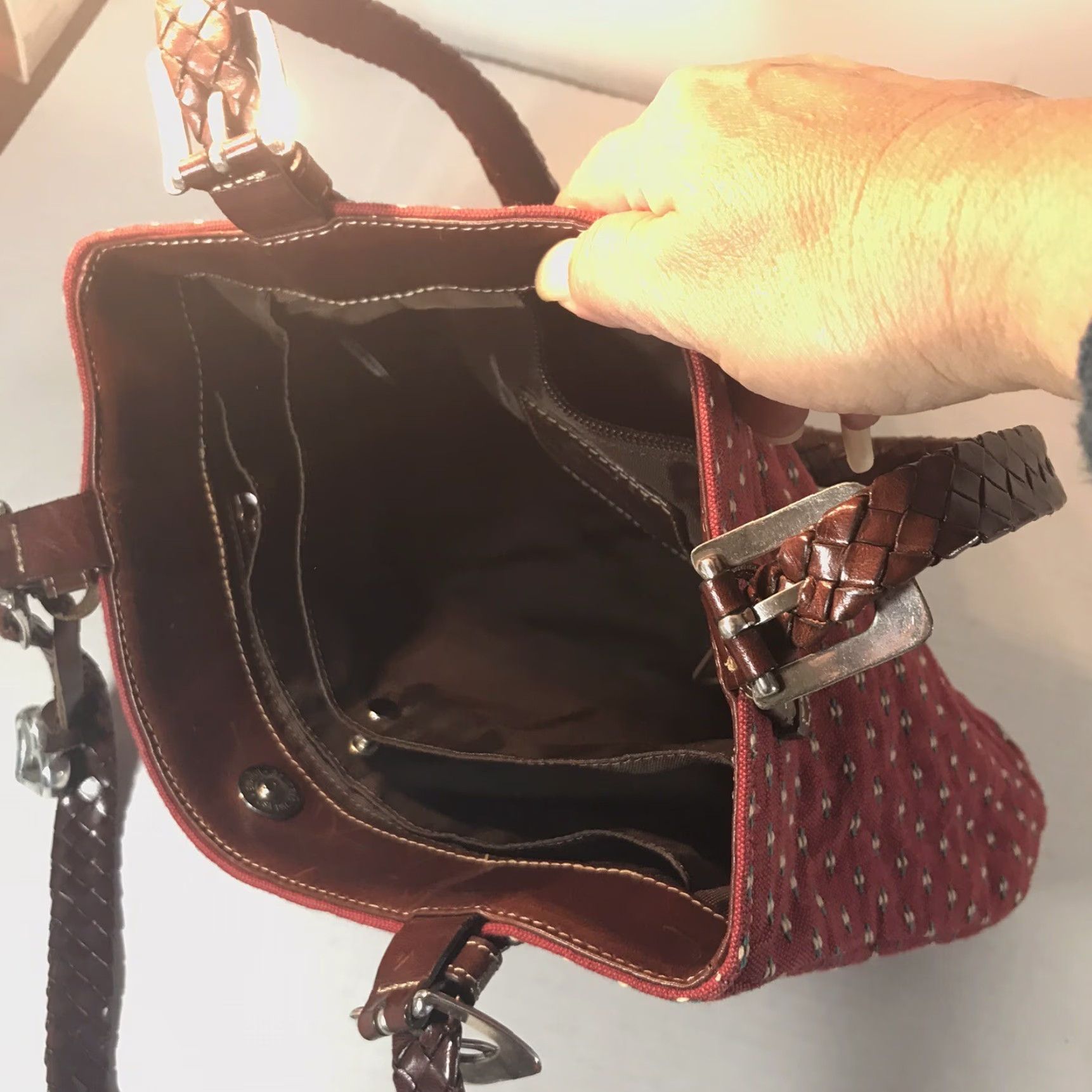 Brighton Brighton Red Canvas Shoulder Bag with Brown Leather Double Handles and Heart Charm, Medium, Business Casual Travel, Womens Size ONE SIZE - 7 Thumbnail