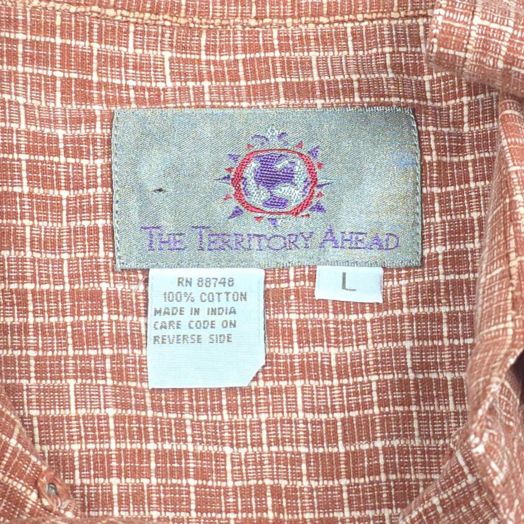 The Territory Ahead Territory Ahead Shirt Men's Large Orange White Woven Textured Cotton Button-Up Short Sleeve Plaid Casual Size US L / EU 52-54 / 3 - 5 Thumbnail