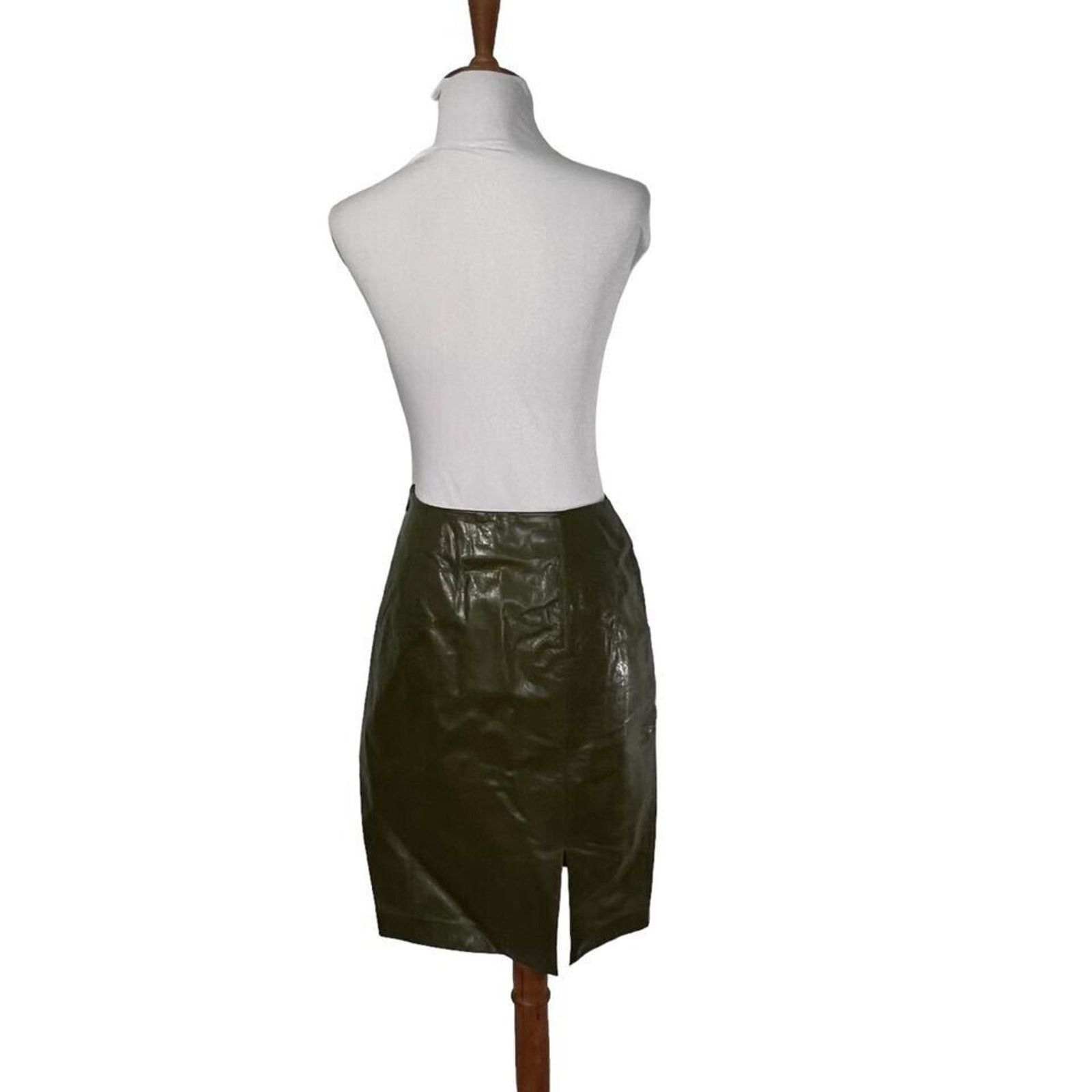 Ellen Tracy Vintage 80s Linda Allard Olive Green Leather skirt 4 Petite Size 27" / US 4 / IT 40 - 5 Thumbnail