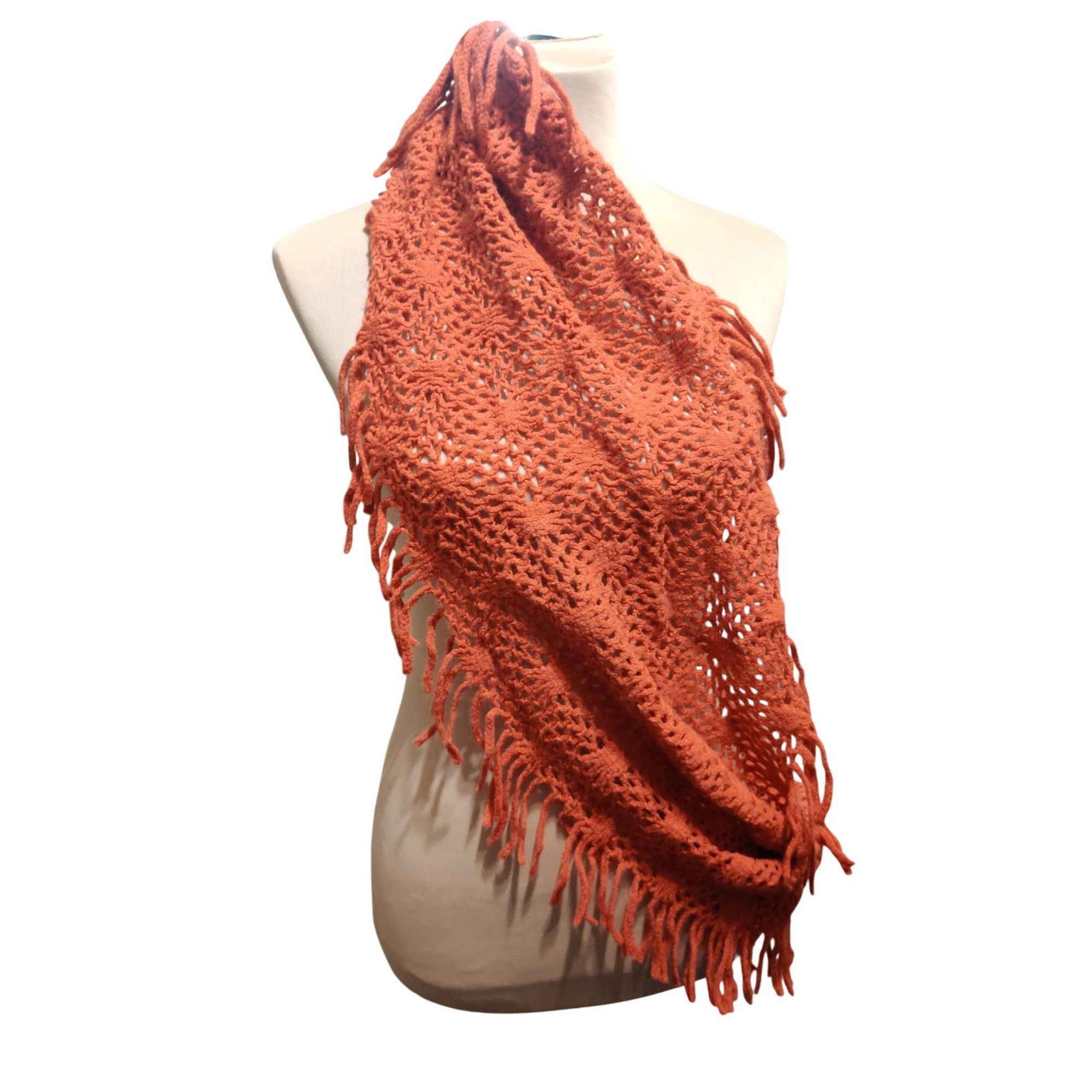 Other Rust Crochet Infinity Scarf Open Weave Fringe Loop Boho Dese Size ONE SIZE - 12 Thumbnail