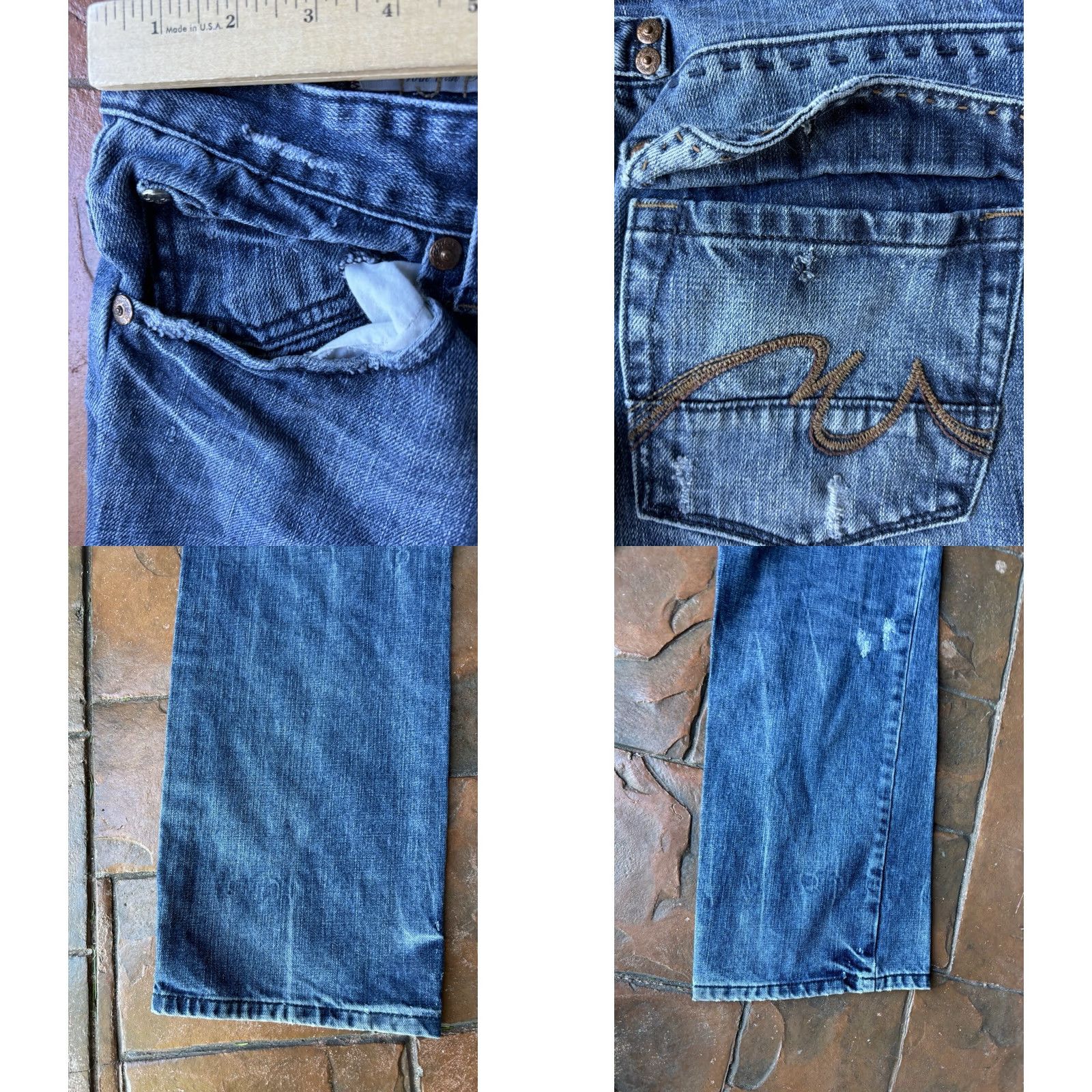 Marcs VINTAGE Marc Ecko Jeans 36x30 Regular 5-Pocket Denim Blue Cotton Embroidered Button Zip Distressed Stains Wide-Leg Men’s Clothing Size US 36 / EU 52 - 8 Thumbnail