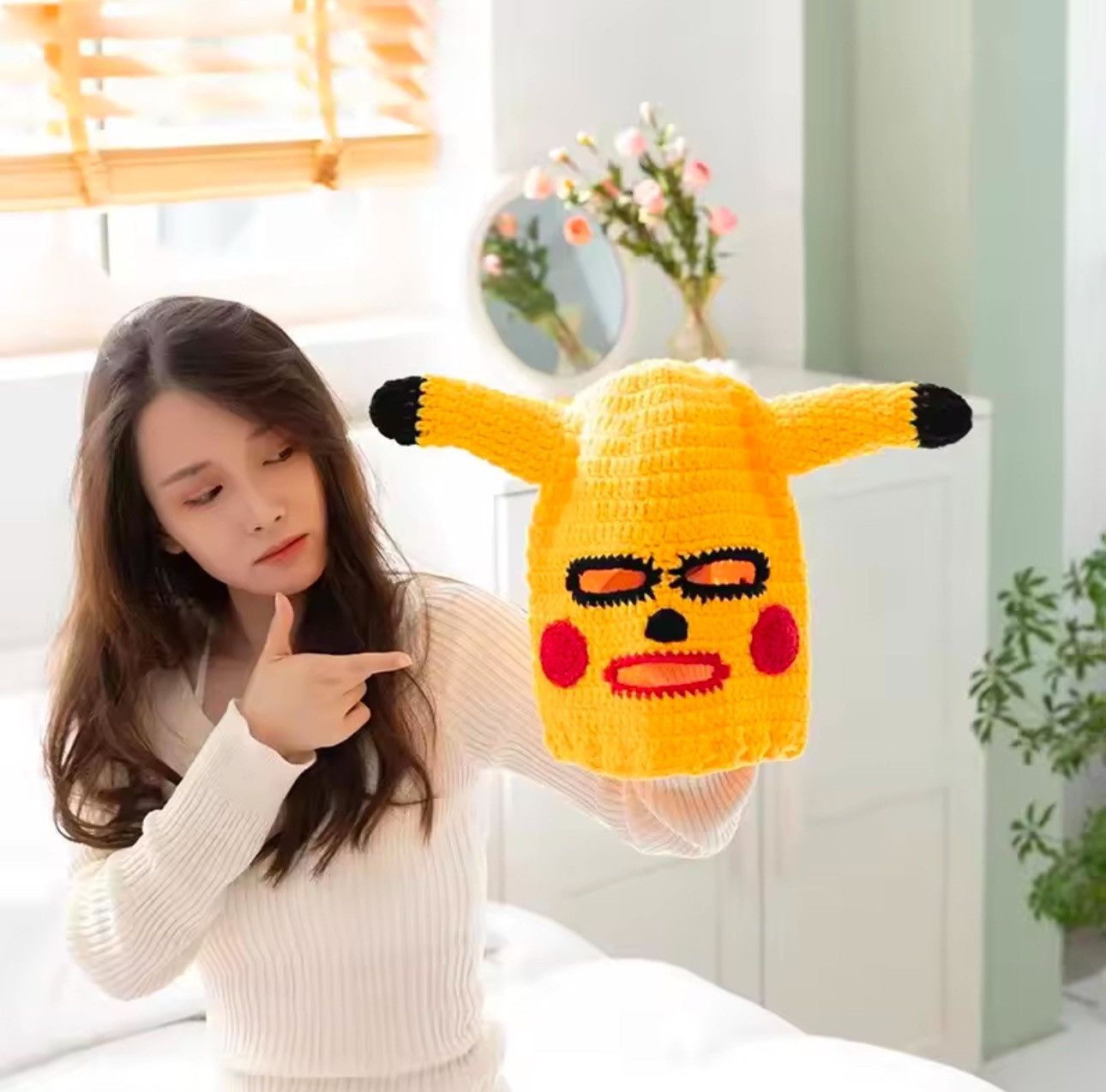 Handmade × Japanese Brand Knitted Balaclava Hat Pikachu Pokemon Devil Style Size ONE SIZE - 2 Thumbnail