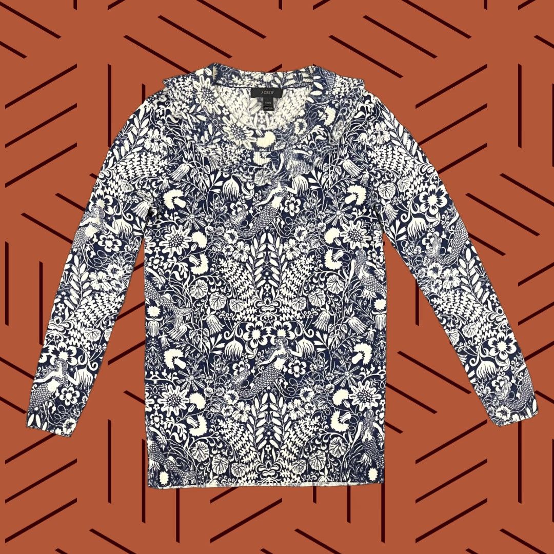 J.Crew VINTAGE J.CREW Women's Sweater XS Merino Wool Floral Mermaid Ruffle Crew Neck Pullover Fall Winter Size XS / US 0-2 / IT 36-38 - 1 Thumbnail