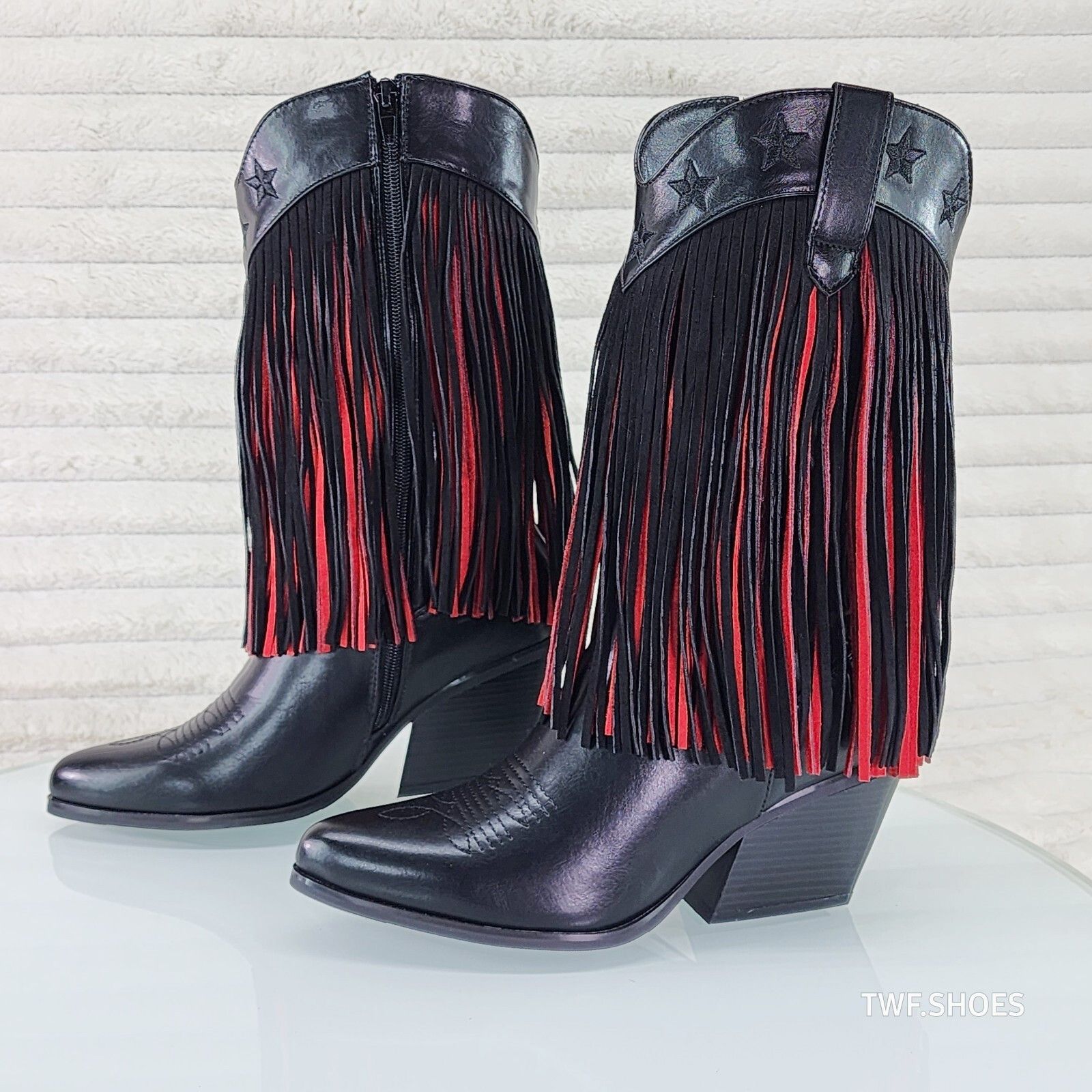 Other Country Swing Black and Red Fringe Western Cowgirl Boots Tuc Size US 7.5 / IT 37.5 - 1 Thumbnail