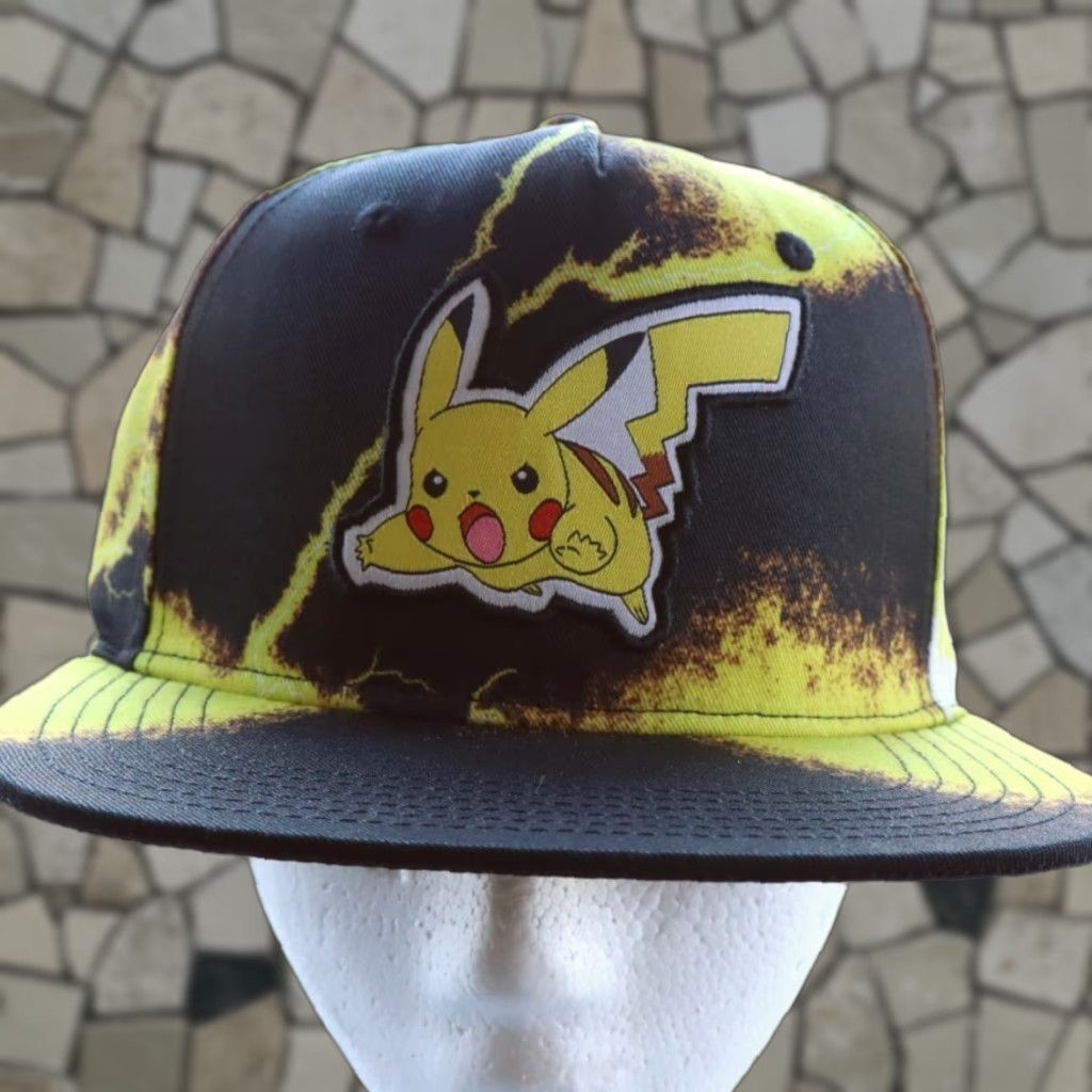 Vintage Bioworld Pikachu Lightning Black Woven Baseball Snapback Hat Men's OS Size ONE SIZE - 1 Thumbnail