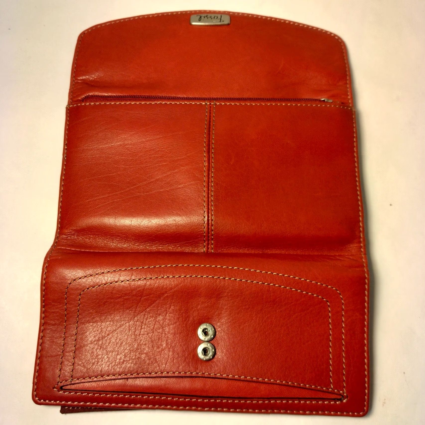 Fossil Fossil Wallet Tri-fold Red Leather 12 Card Slots Checkbook ID Window 2 Bill Slots Change Slot Zipper Works Womens Size ONE SIZE - 3 Thumbnail