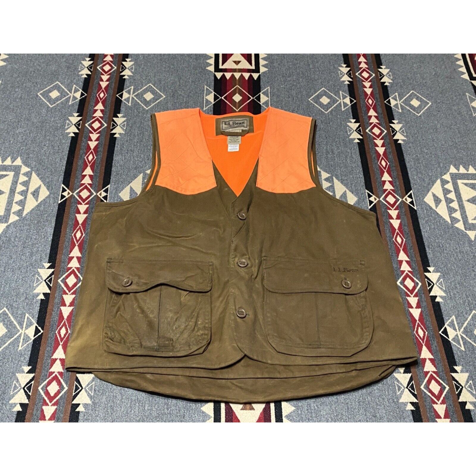 image of Vintage Ll Bean Olive Orange Hunting Vest Back Pocket Dove Quail Clay Target Size L T75 in White