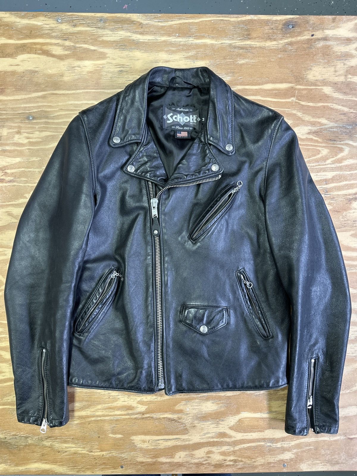 image of Schott Perfecto Leather Motorcycle Jacket in Black, Men's (Size Medium)