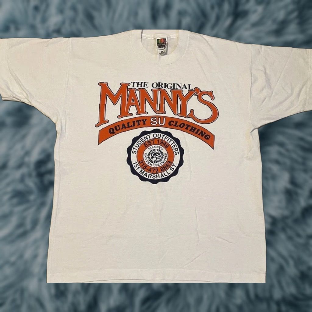 Vintage VINTAGE 90s Syracuse University Mannys Clothing Shirt XL White Mens T-Shirt Grunge Track & Field PE 80s USA Sports Size US XL / EU 56 / 4 - 1 Thumbnail
