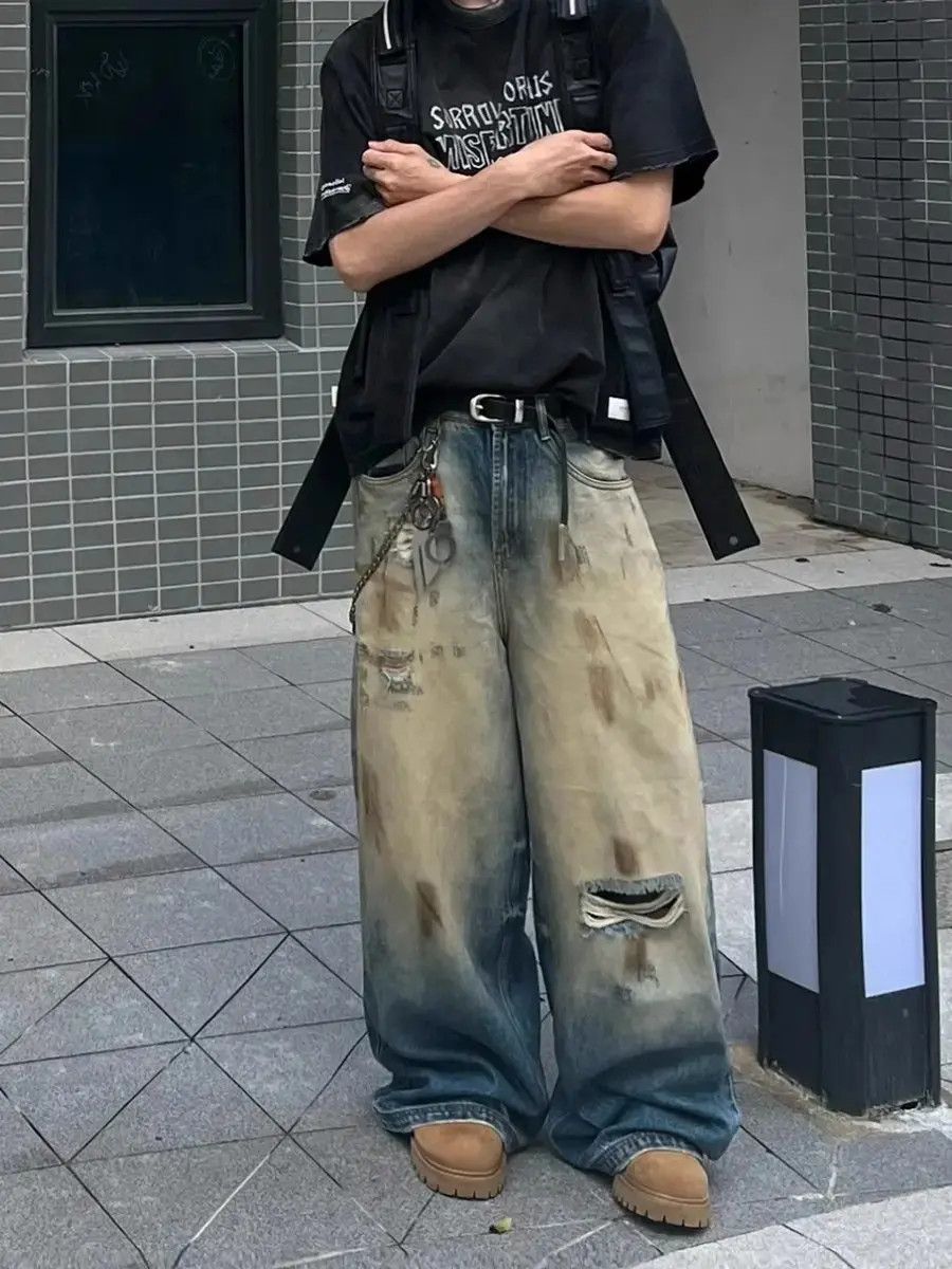 Japanese Brand × Jean Loose straight leg floor mopping gradient yellow mud jeans Size US 32 / EU 48 - 1 Thumbnail