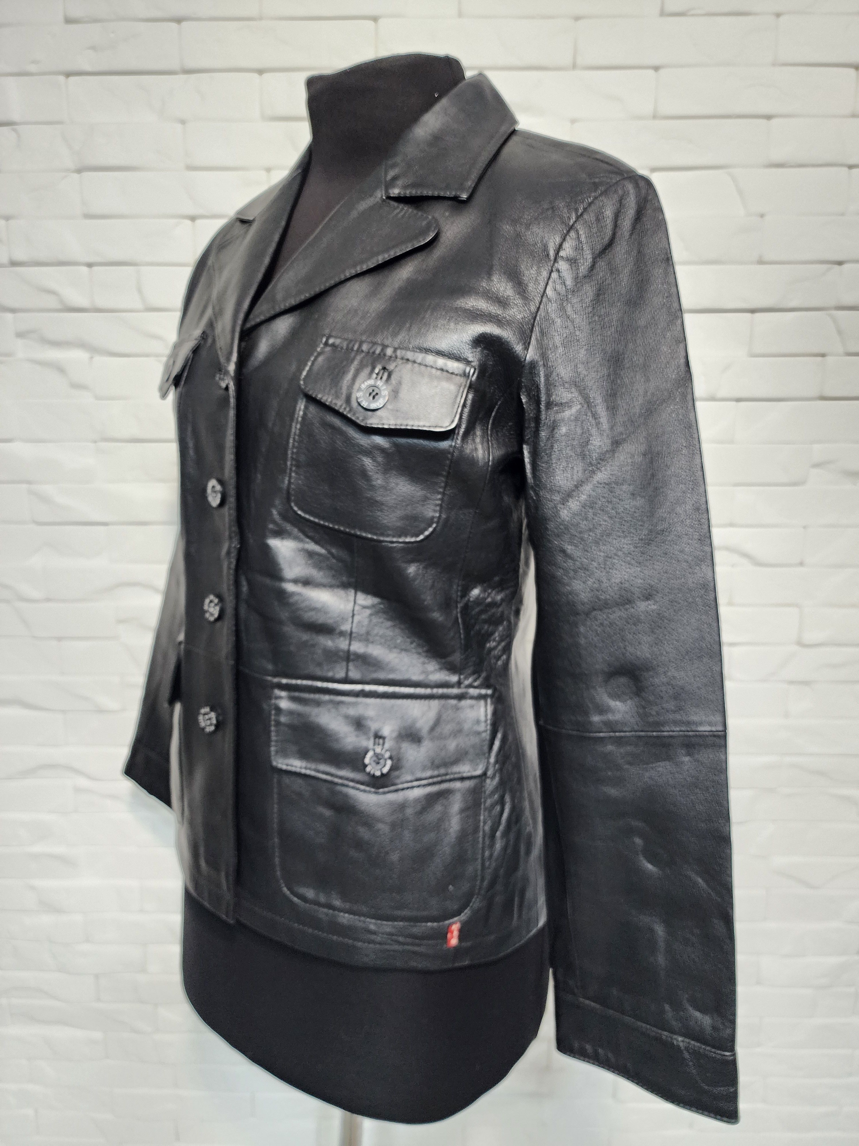 Genuine Leather Black Leather Jacket: Buttoned Women's Coat Size M / US 6-8 / IT 42-44 - 2 Thumbnail