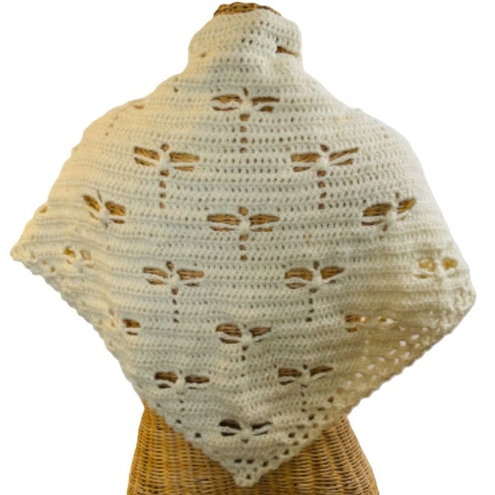 Crochet Shawl Cowl Wrap Dragonfly Cut Outs Off White 67