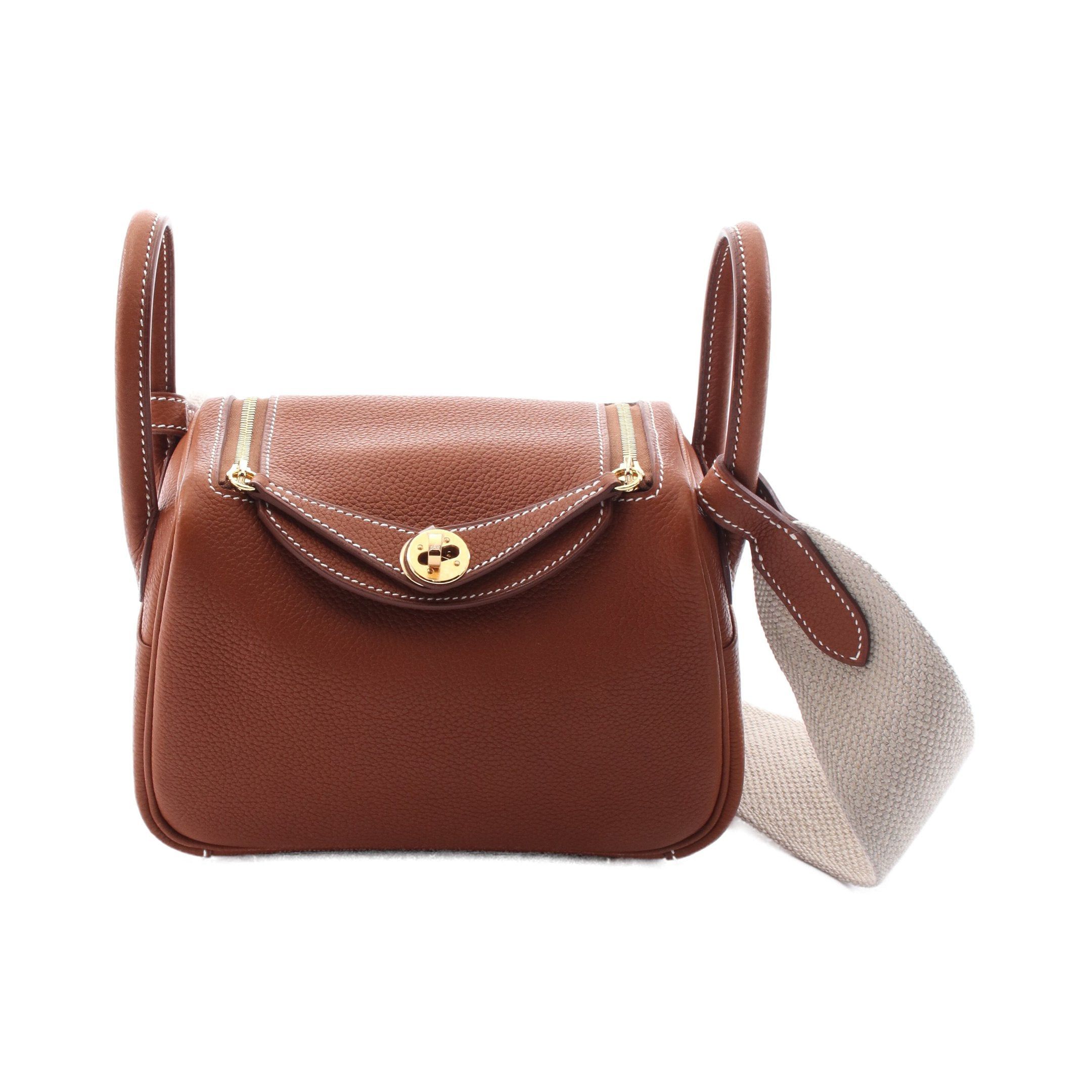 Hermes Lindy Mini Forbe Shoulder Bag Veau Barenia Brown Gold Hardware Double Engraved, Women's