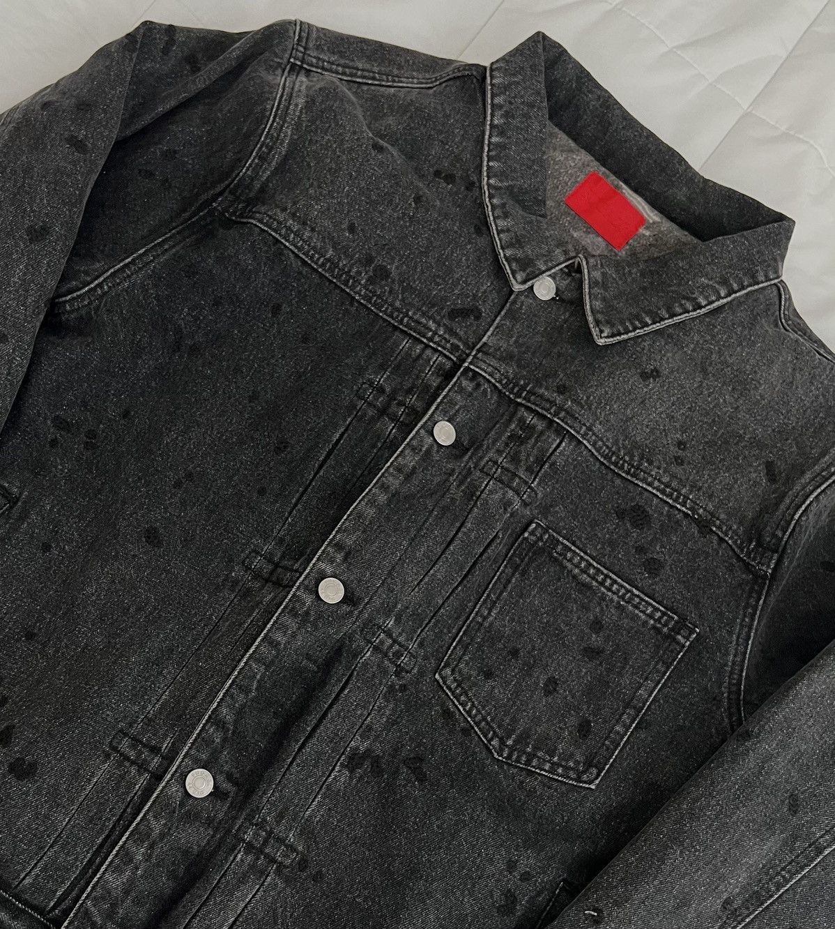 image of Fugazi Chain Splatter Denim Jacket in Black, Men's (Size Large)