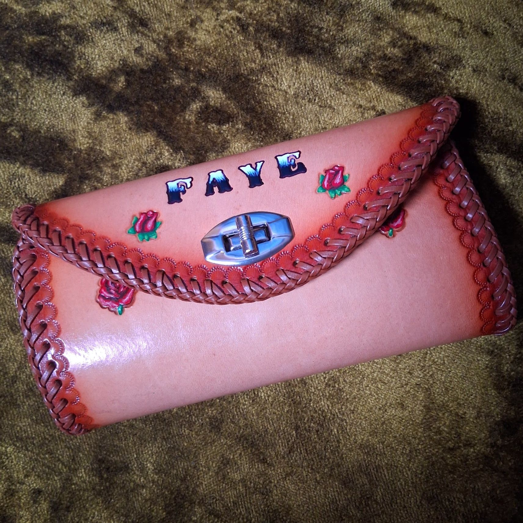 Vintage VINTAGE Tooled Leather Wallet Trifold Checkbook Holder FAYE Red Roses Floral Women 7.5" Brown Leather Photo Pen Holder Hippie Accessories Size ONE SIZE - 2 Thumbnail
