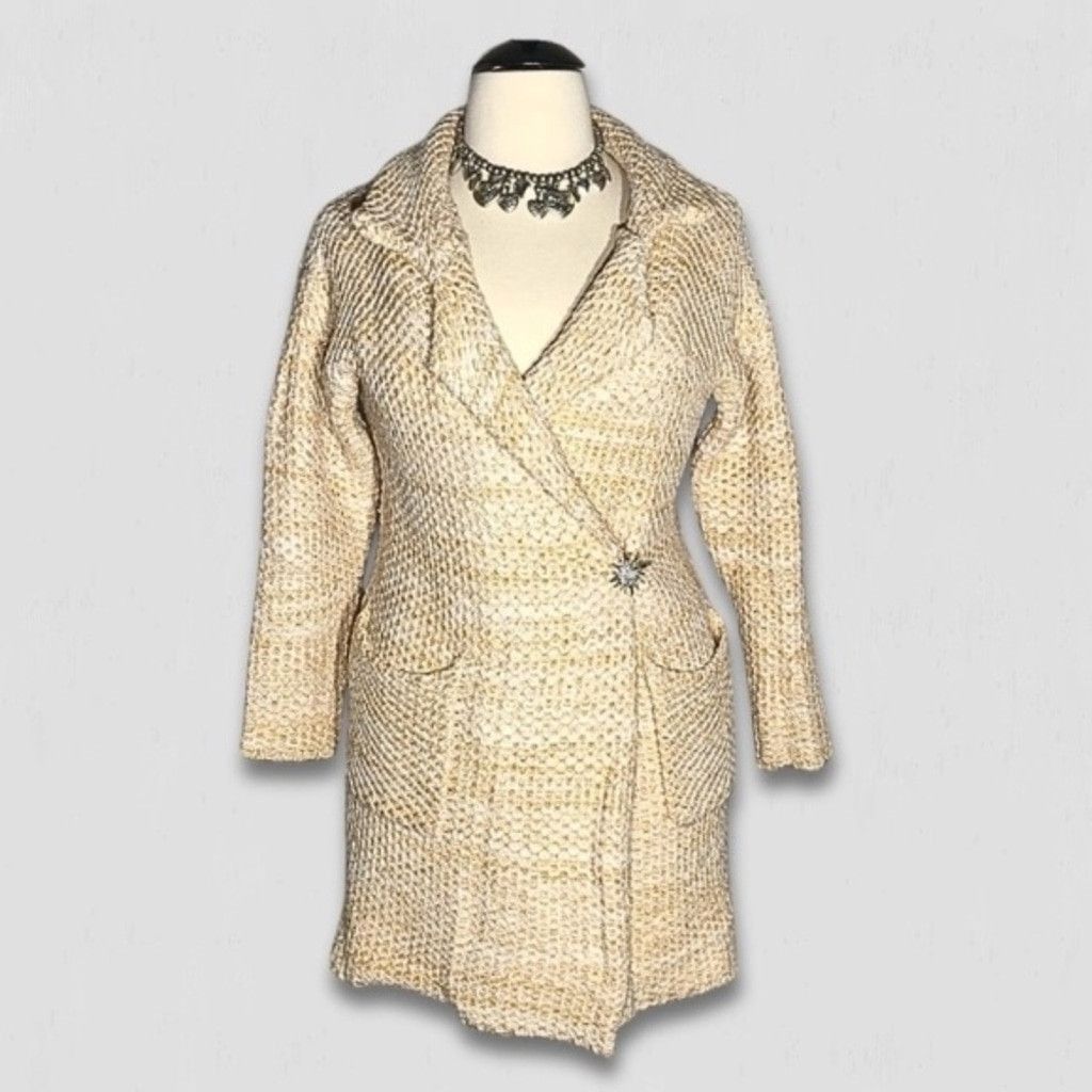 Forever 21 Y2K Long Coat Cable Knit Deep Pockets Cream/Yellow sz S Size L / US 10 / IT 46 - 1 Thumbnail