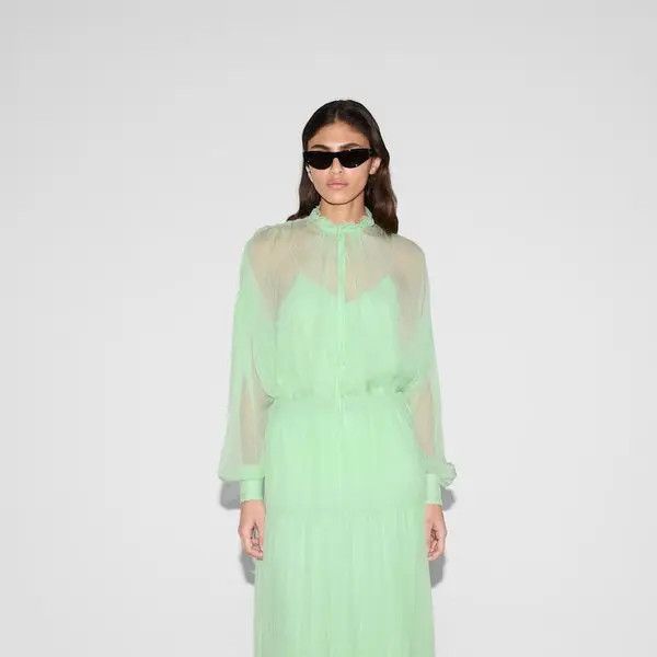 Gucci o1la5ras0526 Silk Chiffon Creponne Top Blouses in Green Size M / US 6-8 / IT 42-44 - 3 Thumbnail