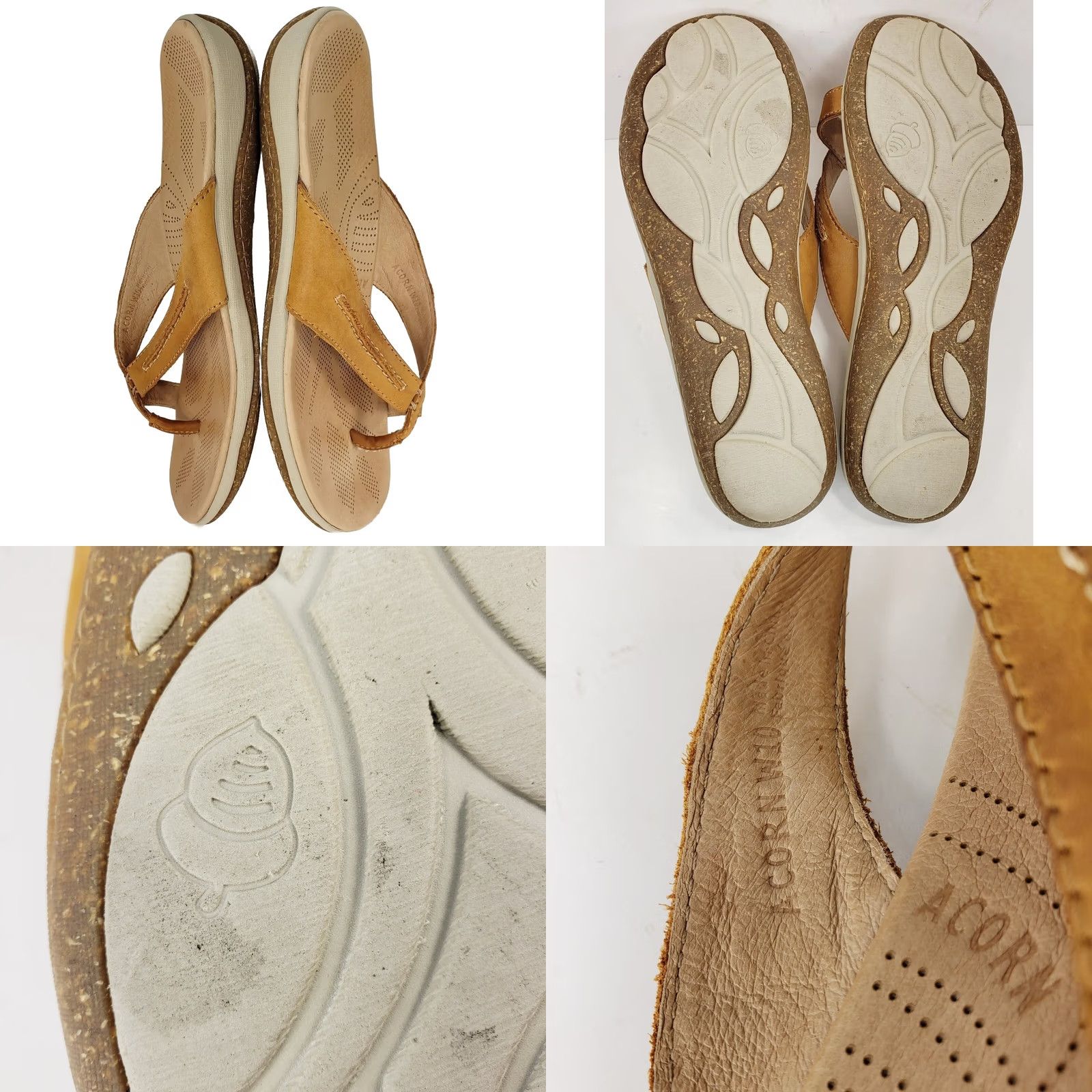 Vintage Acorn Thong Sandals Women's 10 Tan Leather Slip On Flat Heel Leather Footbed Great Support Size US 10 / IT 40 - 8 Thumbnail