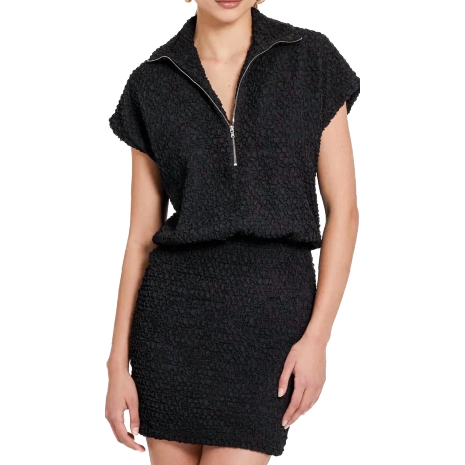 Amanda Uprichard Amanda Uprichard Rowan Dress KnIT Black Size L Short Sleeve Mock Neck Zip Bodycon Mini Women's Blouson Stretch Casual Party/Cocktail 216 Size L / US 10 / IT 46 - 2 Thumbnail