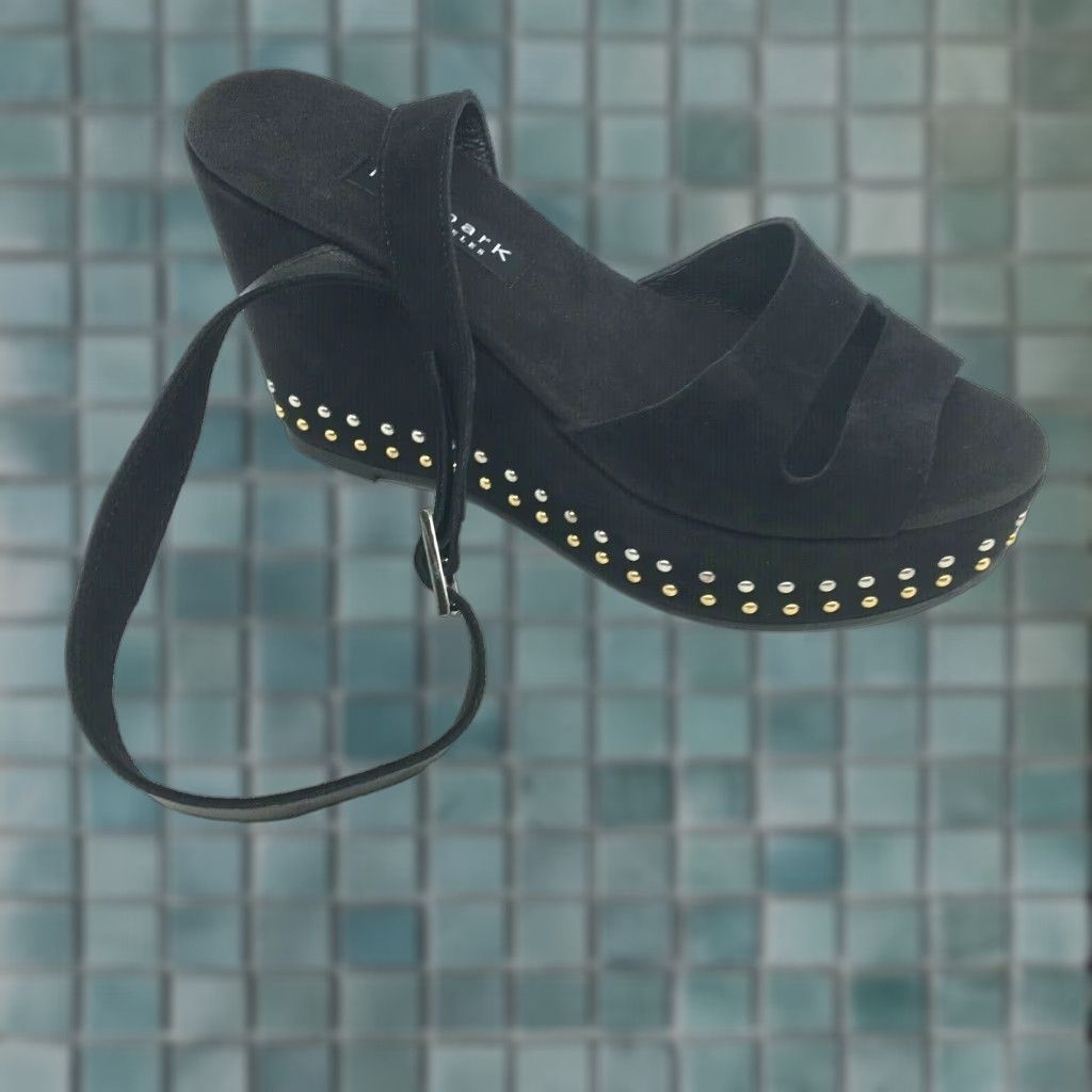 Vintage Newbark Black Suede Platform Wedge Sandal Ankle Strap Cutout Size 8 Womens Size US 8 / IT 38 - 1 Thumbnail