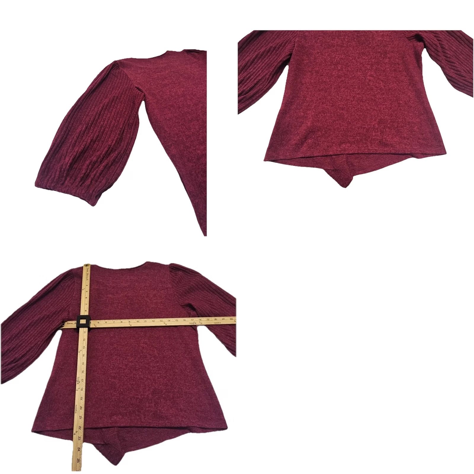 Vintage Adrienne Vittadini Womens L Burgundy Knit Top Asymmetrical Hem Button Accent Puff Sleeve Scoop Neck Pullover Casual Workwear Knit Top Size L / US 10 / IT 46 - 8 Thumbnail