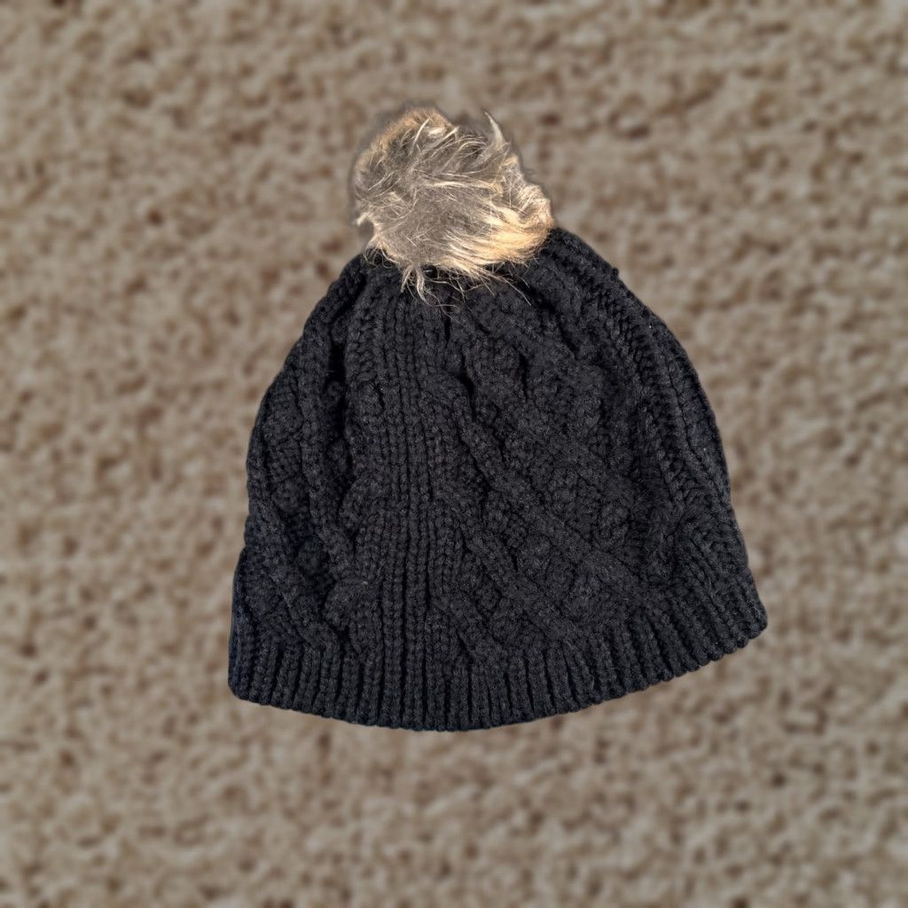 Vintage Walgreen Beanie Toque Womens Black Cable Knit Acrylic Poly Lined Faux Fur Snow Ski Pom Size ONE SIZE - 1 Thumbnail