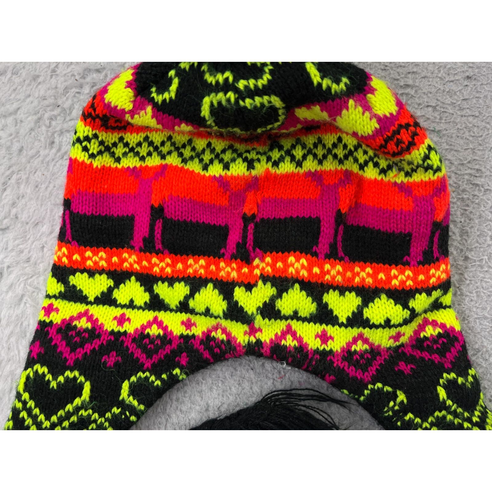 Pinko Heart Beanie Toque One Size Adult Yellow Pink Stripe Ear Flaps Acrylic Pom - Unbranded Beanie Hat Knit Size ONE SIZE - 2 Thumbnail