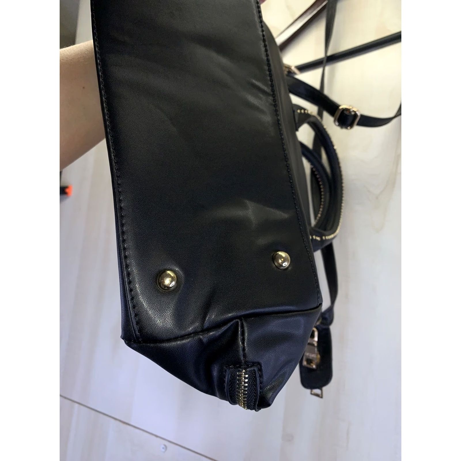 Bcbgmaxazria BCBGMAXAZRIA Satchel/Top Handle Bag Womens Purse Black Faux Leather Gold Studded Double Handles Medium Size ONE SIZE - 7 Thumbnail
