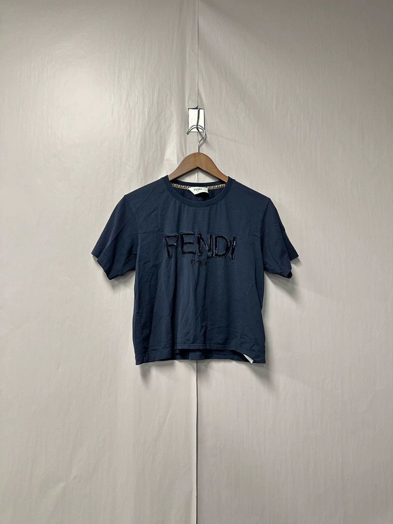 Fendi Fendi Navy Flocked Logo Short Sleeve T-Shirt - dmc Size US S / EU 44-46 / 1 - 1 Thumbnail