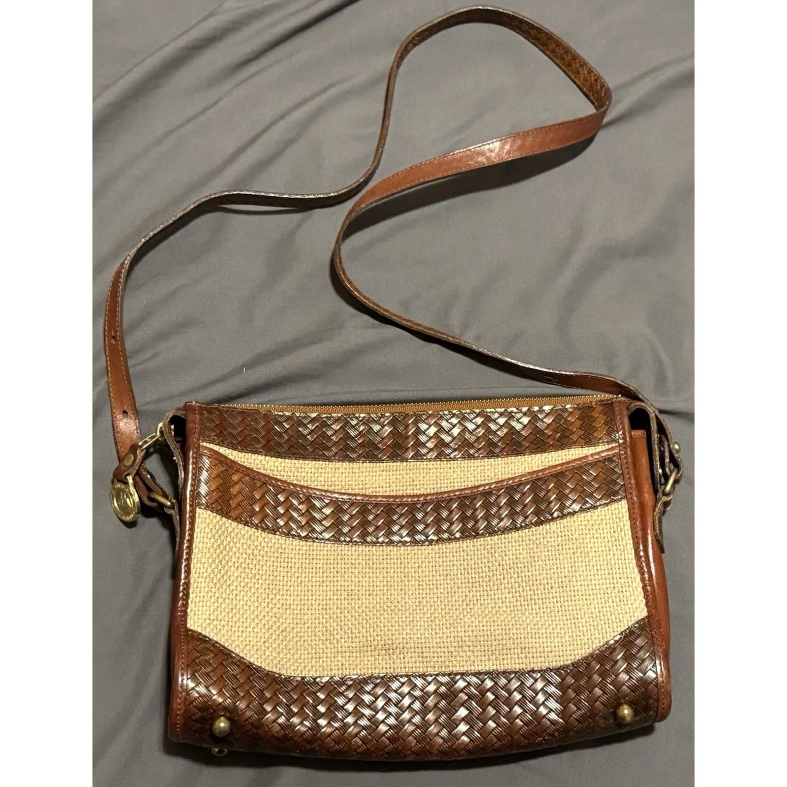 BRAHMIN VINTAGE Brahmin Basket Weave Shoulder Bag Leather Canvas Medium Brown Women’s Purse Size ONE SIZE - 2 Thumbnail