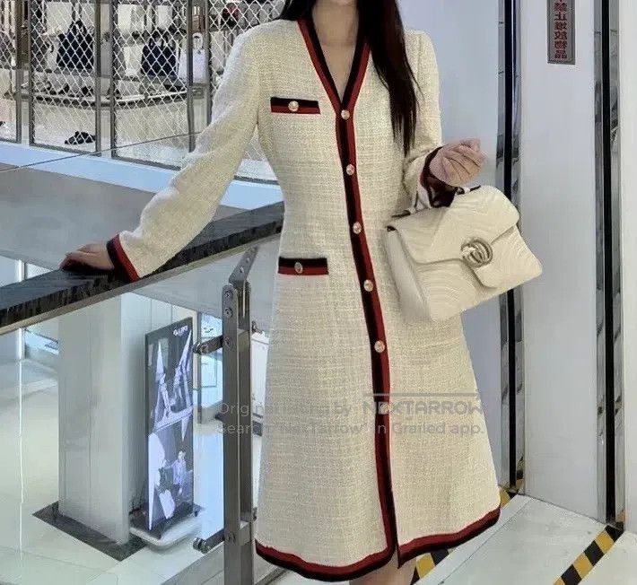 Gucci Webbing edge trim tweed long-sleeved A-shaped dress