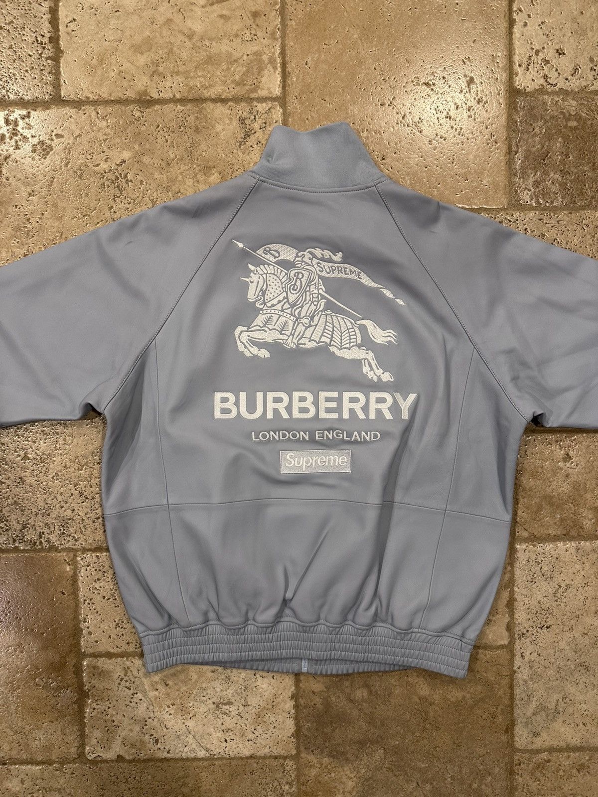 Burberry × Supreme Supreme Burberry Pastel Blue Embroidered Leather Zip Jacket Size US L / EU 52-54 / 3 - 12 Thumbnail