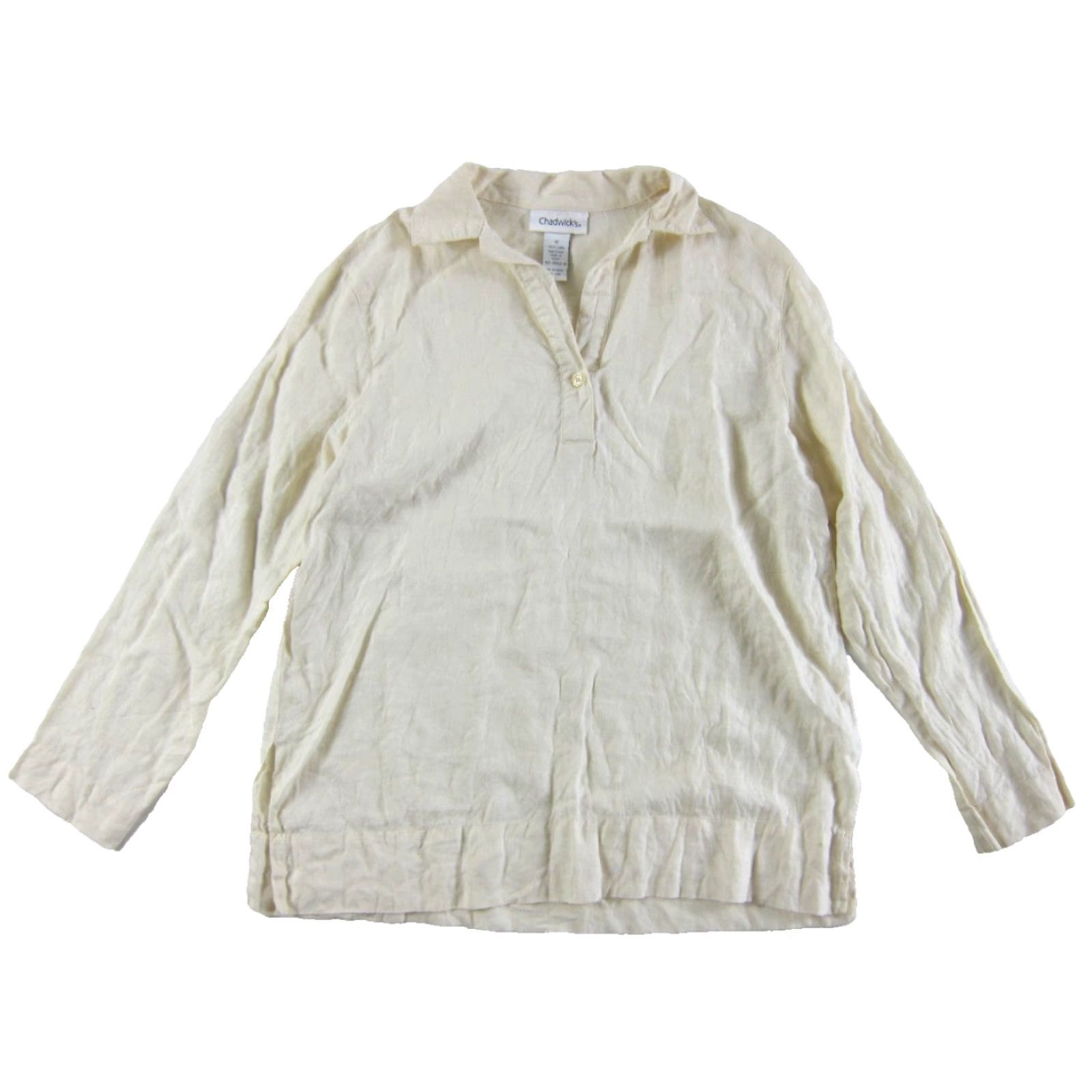 Vintage Chadwick's 100% Linen Ivory Long Sleeve Collared V-Neck Tunic Blouse 12 Size XL / US 12-14 / IT 48-50 - 2 Thumbnail