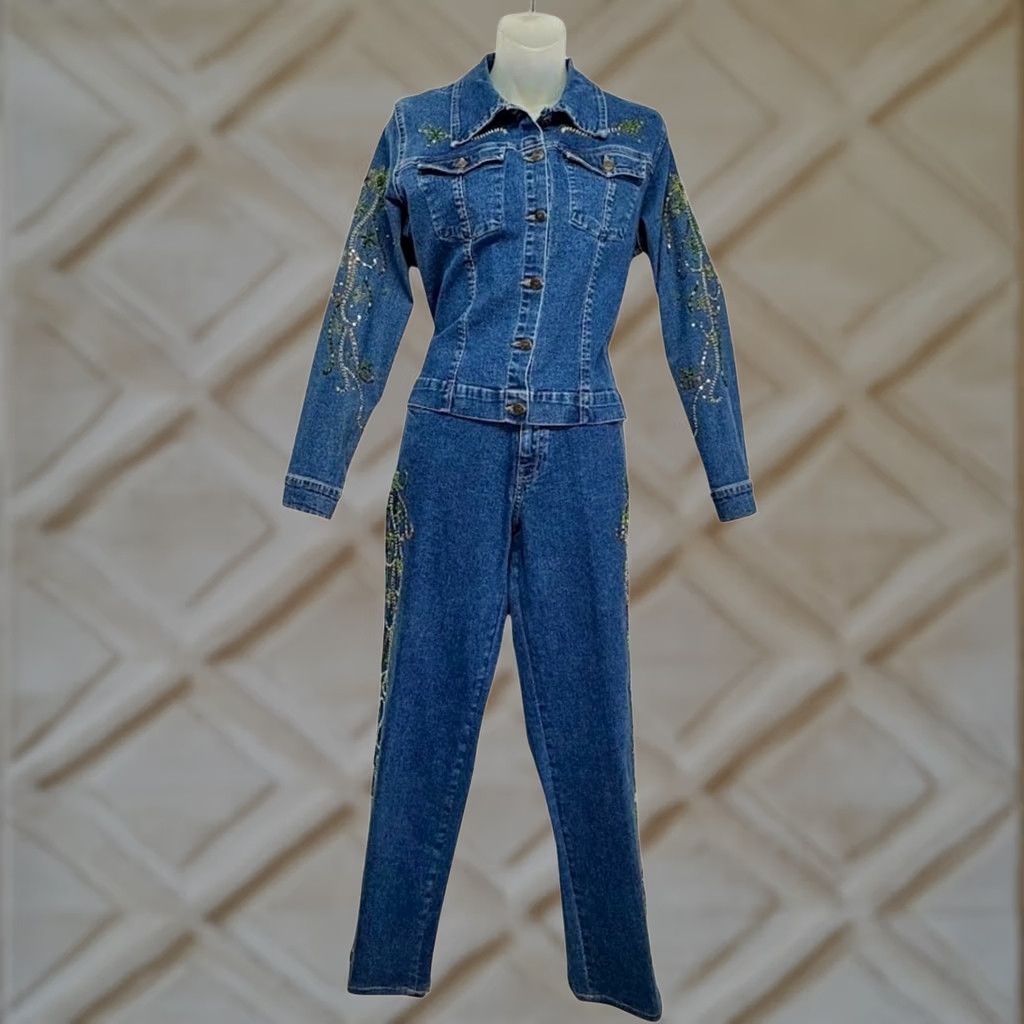 Denime VINTAGE Denim Suit Jacket and Blue Jeans Beaded Womens Size S Size 28" / US 6 / IT 42 - 1 Thumbnail