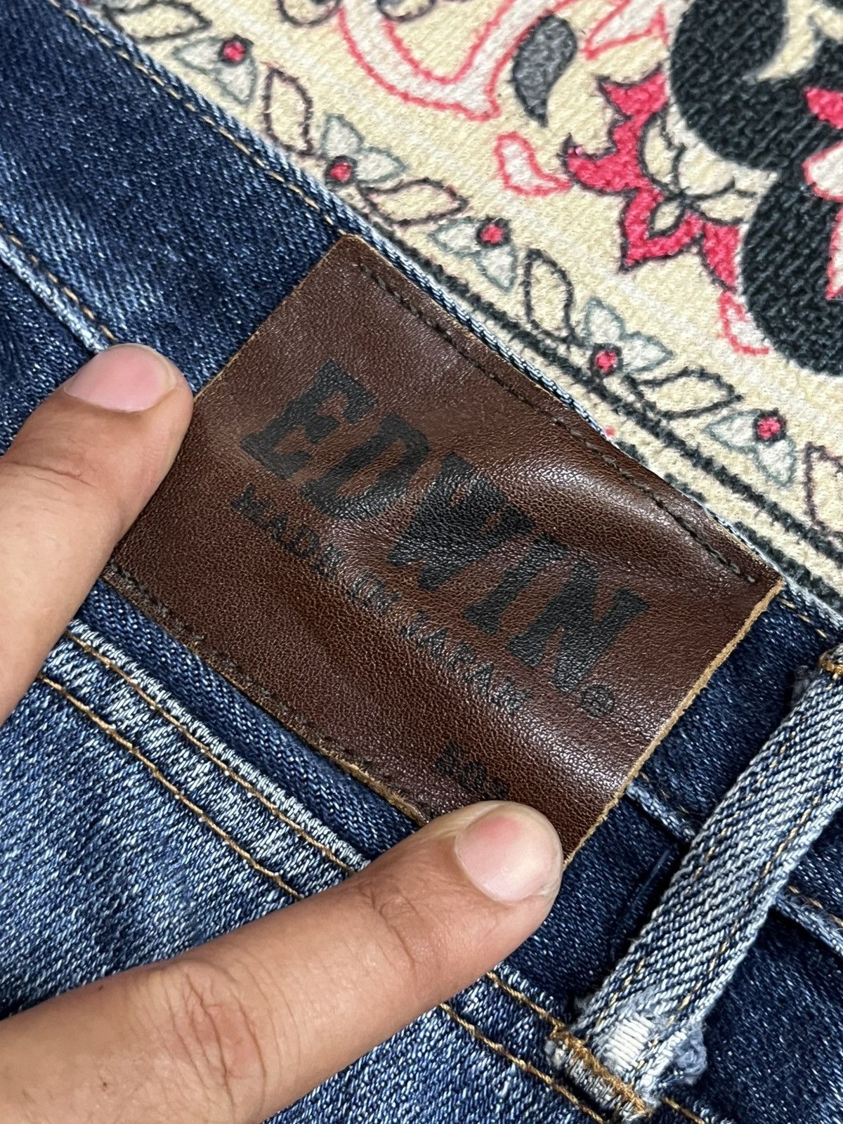 Edwin Edwin 503 Dark Blue Faded Washed Repaired Knee Straight Jean Size US 31 - 8 Thumbnail